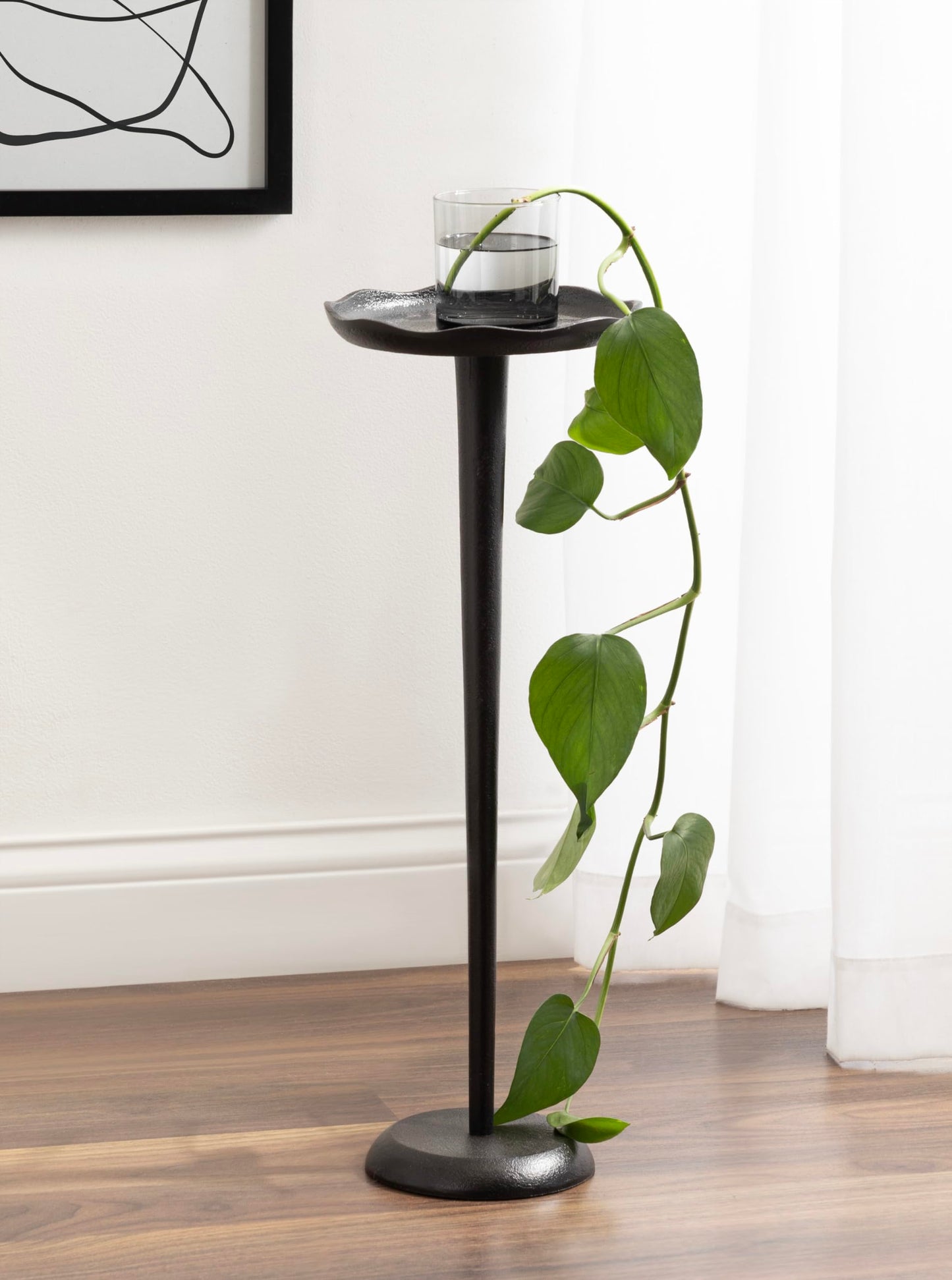 Kate and Laurel Alessia Modern Decorative Metal Drink Table; 8 x 8 x 22; Black; Round Cast Aluminum Pedestal Plant Stand with Rough Texture and Deckled Edge