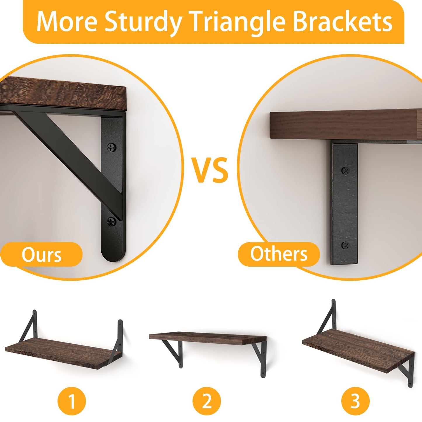 YGEOMER Wall Shelves, 4pcs Different Sizes Dark Carbonized Brown Floating Shelves for Decor
