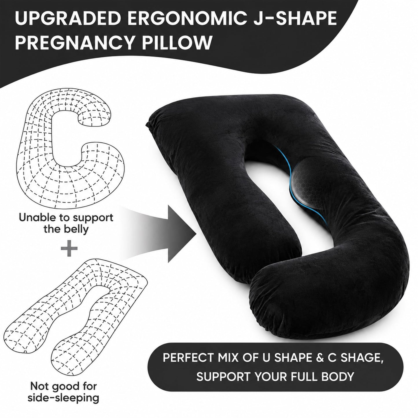 Jcickt Pregnancy Pillow for Sleeping,59 inch Maternity Pillow with Removable Washable Cover,J-Shaped Velvet Full Body Pregnant Pillow -Support for Backs,Legs, Belly, HIPS, Improve Sleep-Black