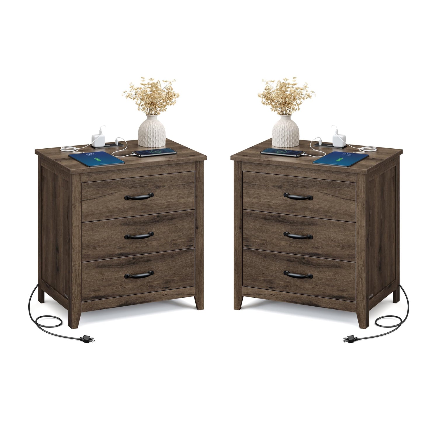 VASAGLE LIRY Collection - Farmhouse Nightstand with Charging Station, Set of 2, Bedside Tables, Side End Tables with 3 Drawers, for Bedroom, Taupe Brown ULET979T01