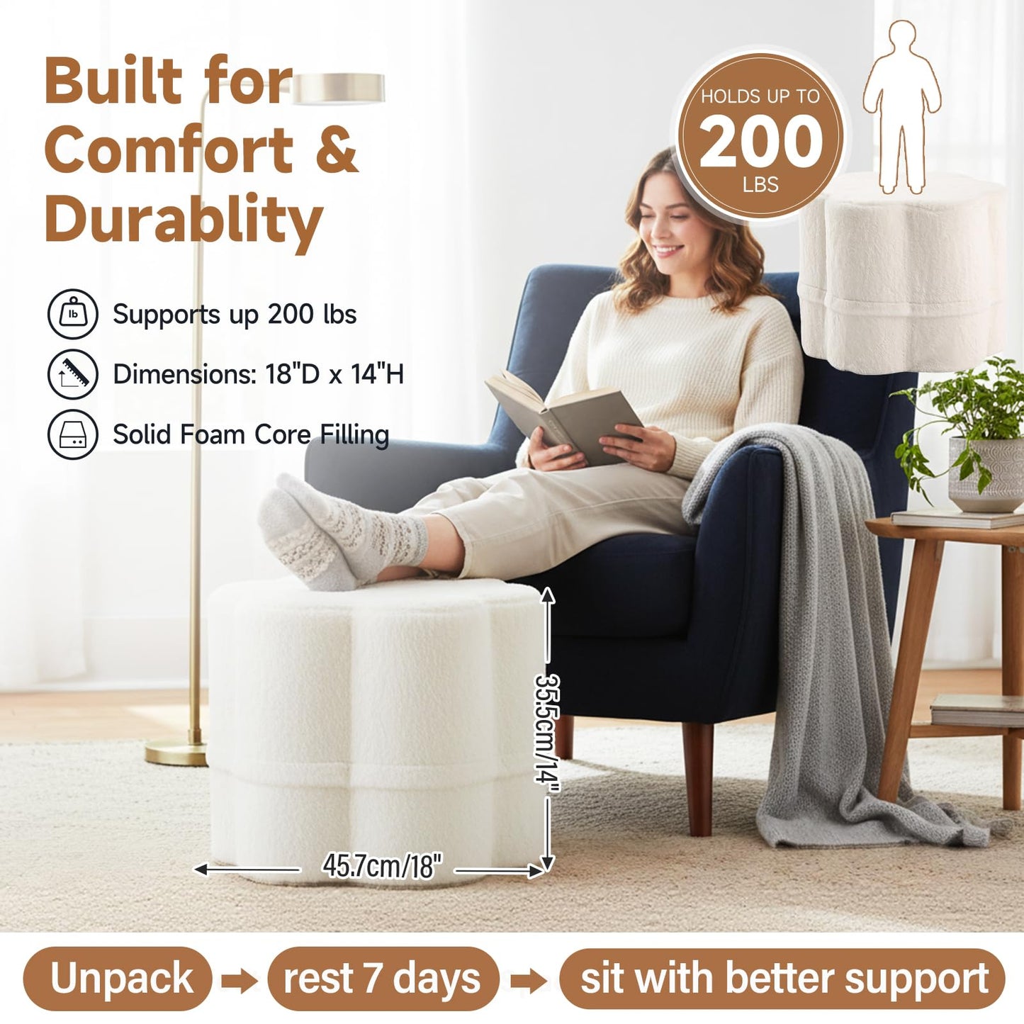 Tiita Floral Pouf Ottoman, Foot Stools Ottoman with Foam Chunk Filling, Puff Foot Rest for Couch, Living Room, Kids Room, Cream