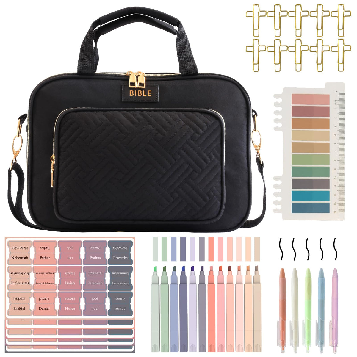 Bible Cover for Women Bible Case, Large Bible Bag, Bible Study Supplies Bible Journaling Kit Book Carrying Case with Bible Highlighters Tabs, Valentines Day Christian Gifts for Women (Black)