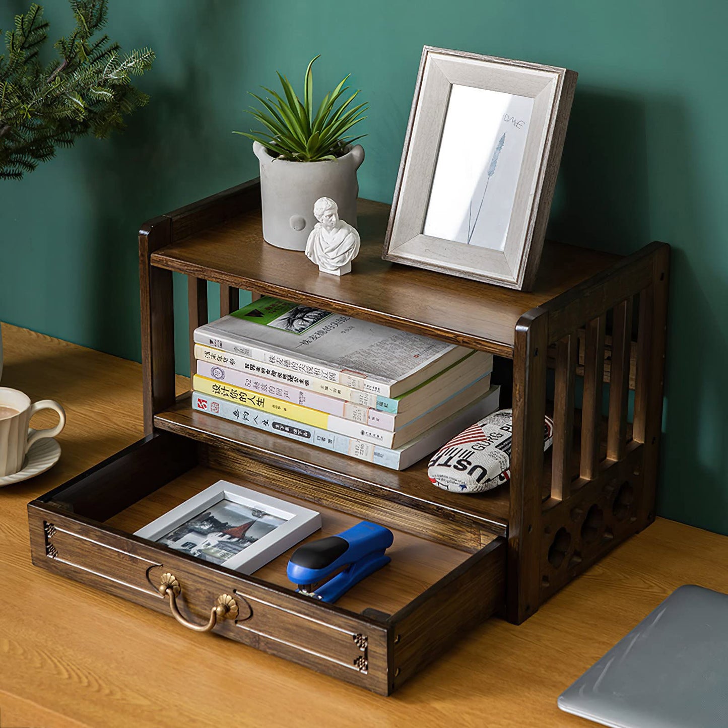 Altar Table with Drawer,Puja Table for Home,Perfect Used for Meditation, Prayers, Divination, Witchcraft, Bamboo Furniture for Displaying Jars, Plants and Books (Walnut Color, 16.5x9.8x11 in)