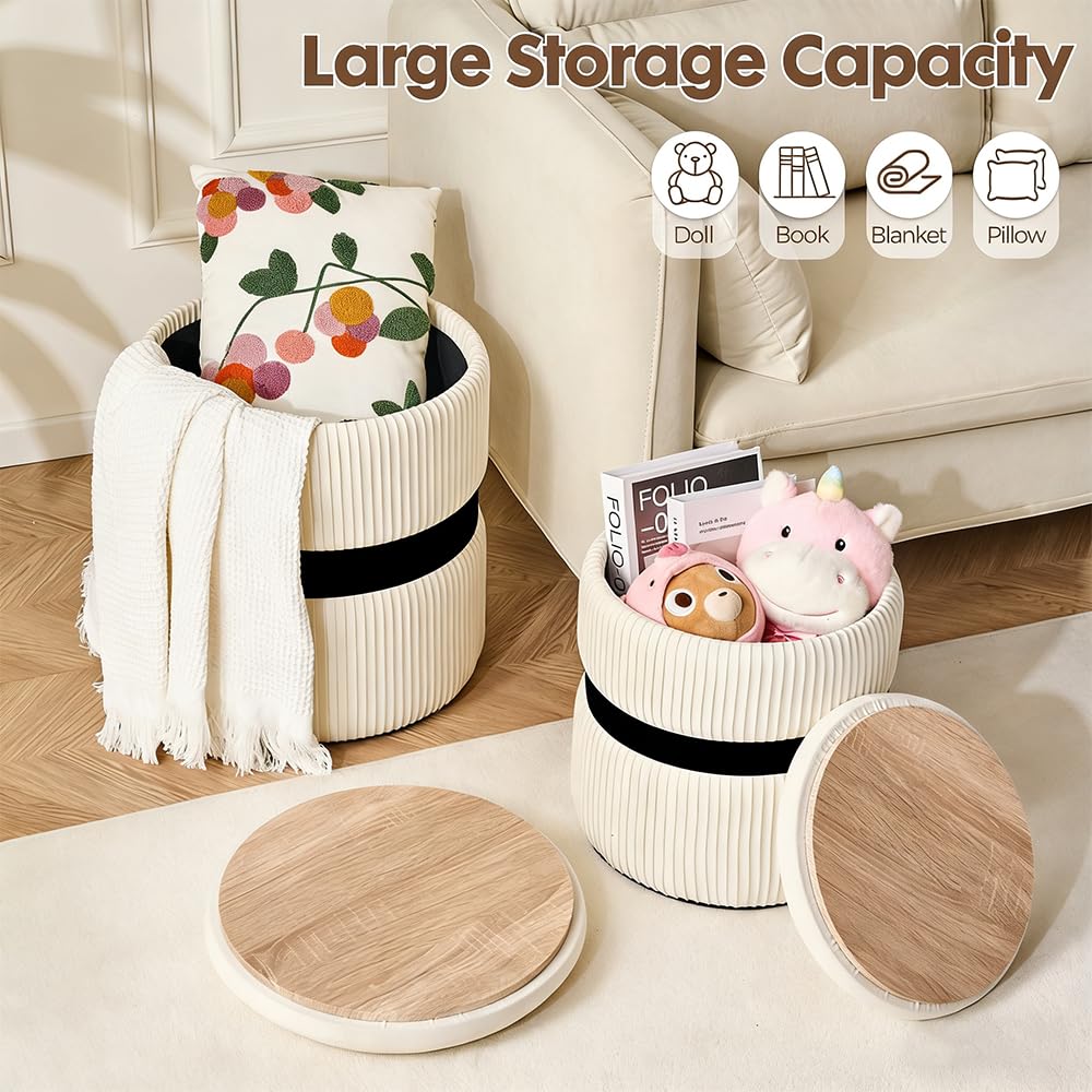 2BYF Velvet Round Ottoman Set of 2 with Storage, 12 Gallon Hidden Storage Ottoman, Multi-Functional Footrest Stool, Vanity Seat, Coffee Table, No Assembly Required, Holds 300lbs, (White)