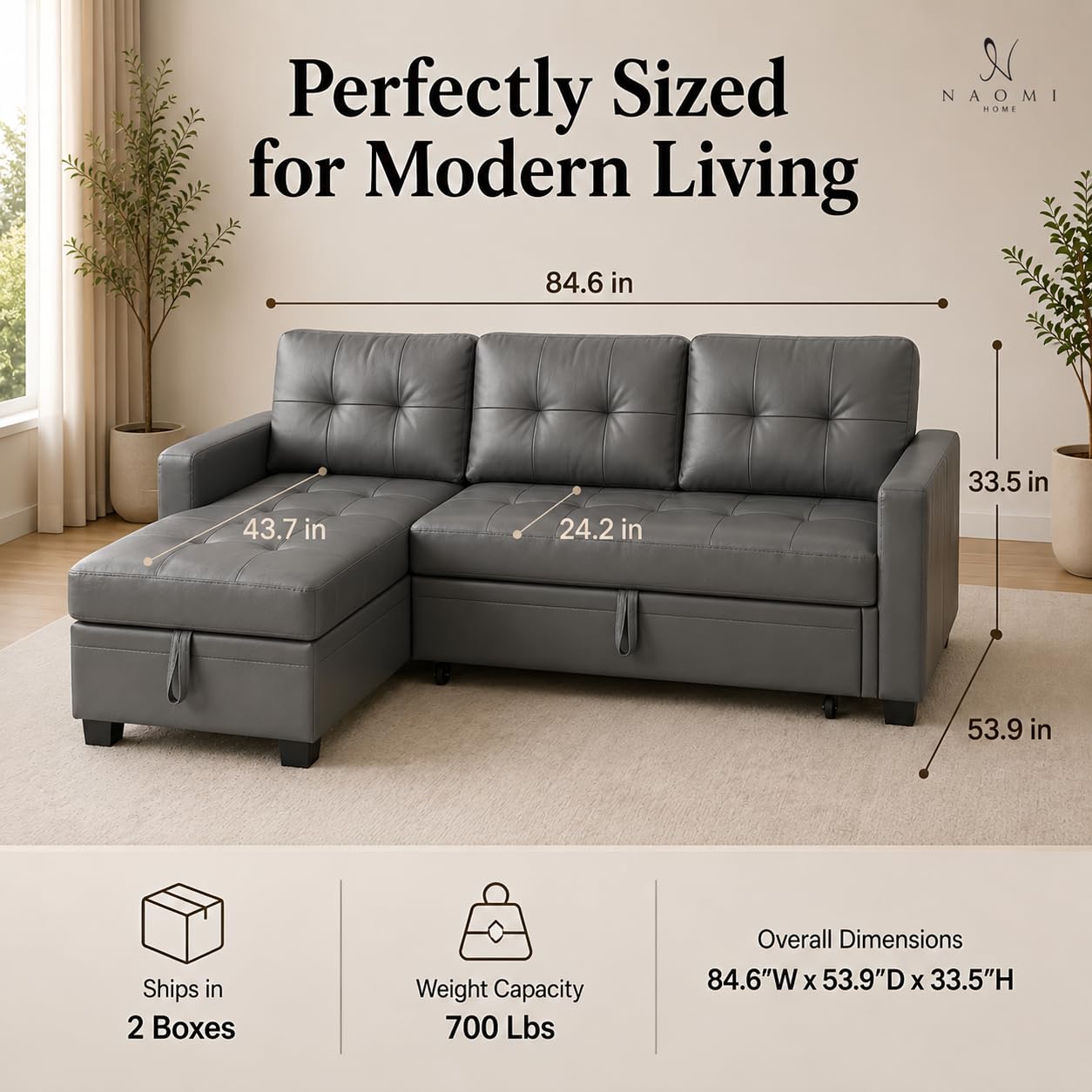 Naomi Home L Shaped Sectional Couch with Storage & Pull Out Bed – 3-in-1 Convertible Sleeper Sofa Bed, Small L Shape Sofa for Living Room, Sofa Bed with Storage Chaise in Gray, Air Leather