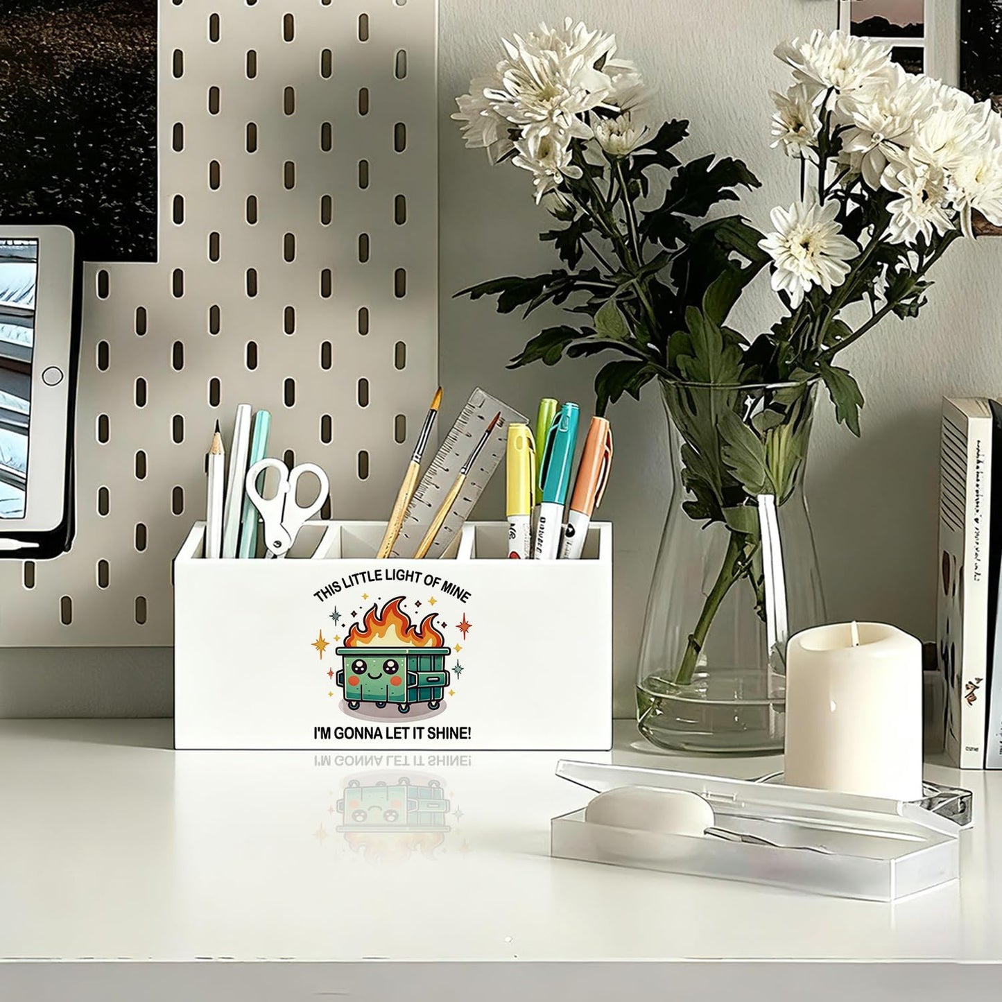 LIANGW Funny Dumpster Fire Pen Pencil Holder for Desk, Coworker Gifts for Women Men, Dumpster Fire Gifts, This Little Light of Mine Wooden Box Sign Decorations for Office Workplace Desk Tabletop