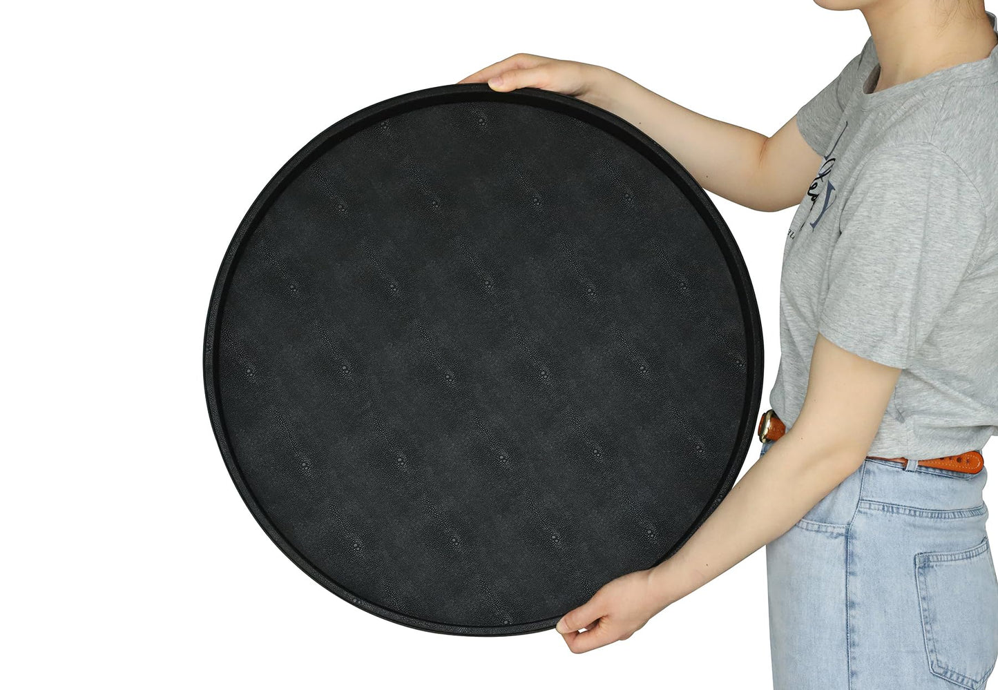 HofferRuffer Large Round Serving Tray 24'', Elegant Faux Leather Circle Ottoman Table Tray, Serve Tea Coffee Breakfast in Bedroom Living Room Kitchen (Classic Black)
