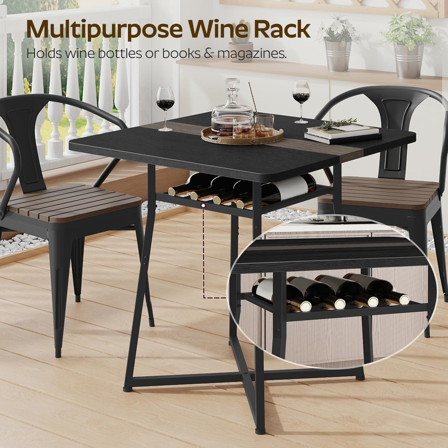 YATINEY Dining Table, 29.5'' Kitchen Table, Dining Room Table with Wine Rack, Versatile Small Dining Table, Easy Assembly, for Restaurant, Cafe, Apartment, Black and Gray CZ02BB