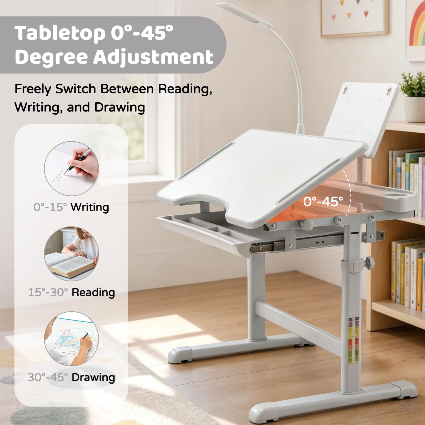 Diroan Kids Functional Desk and Chair Set, Ergonomic Height Adjustable Children School Study Desk with Tilt Desktop, Book Stand, LED Light, Metal Hook and Storage Drawer for Boys Girls(Grey)