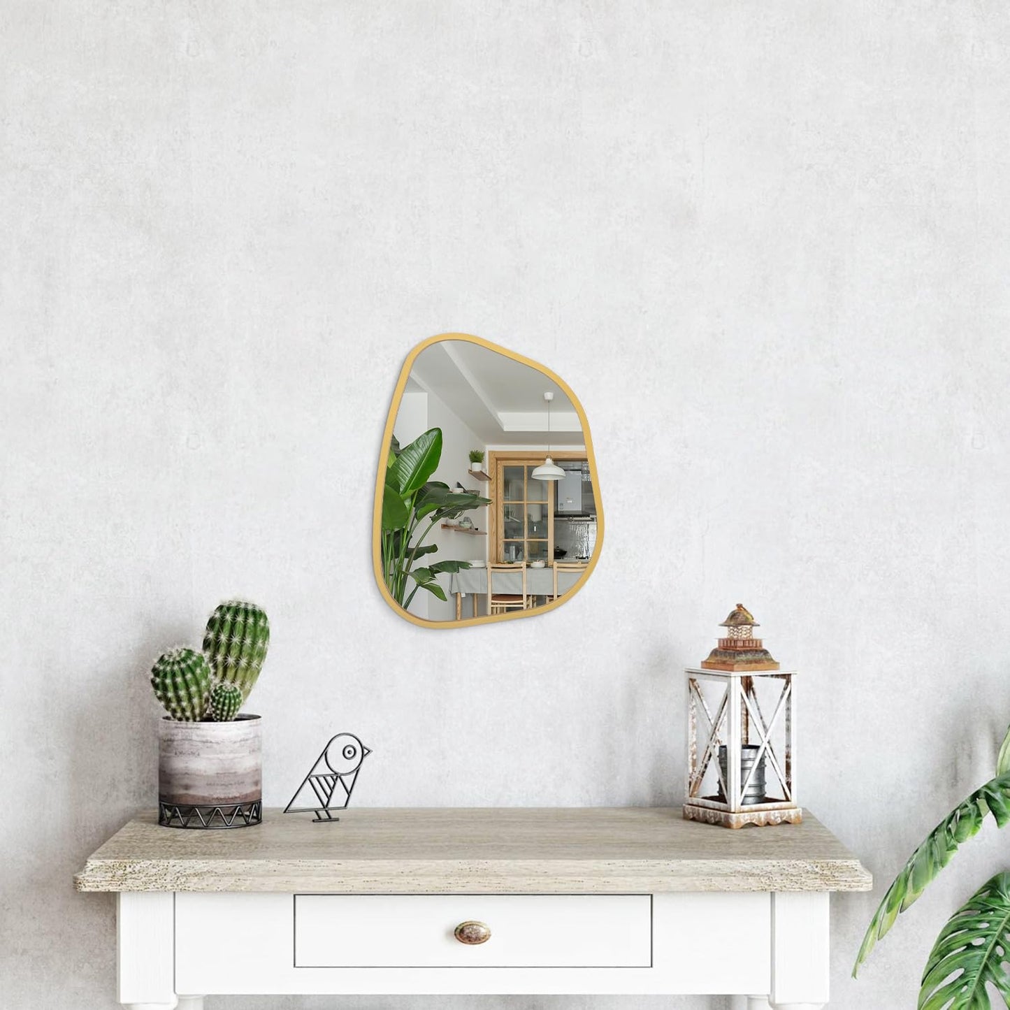 HLFMVWE Asymmetrical Accent Mirror for Wall Irregular Oval Wood Frame Modern Unique Wall Mirror Decorative Vanity Bathroom Living Room Bedroom Entryway Hallway Artistic Mirror Small Gold 14"x10"