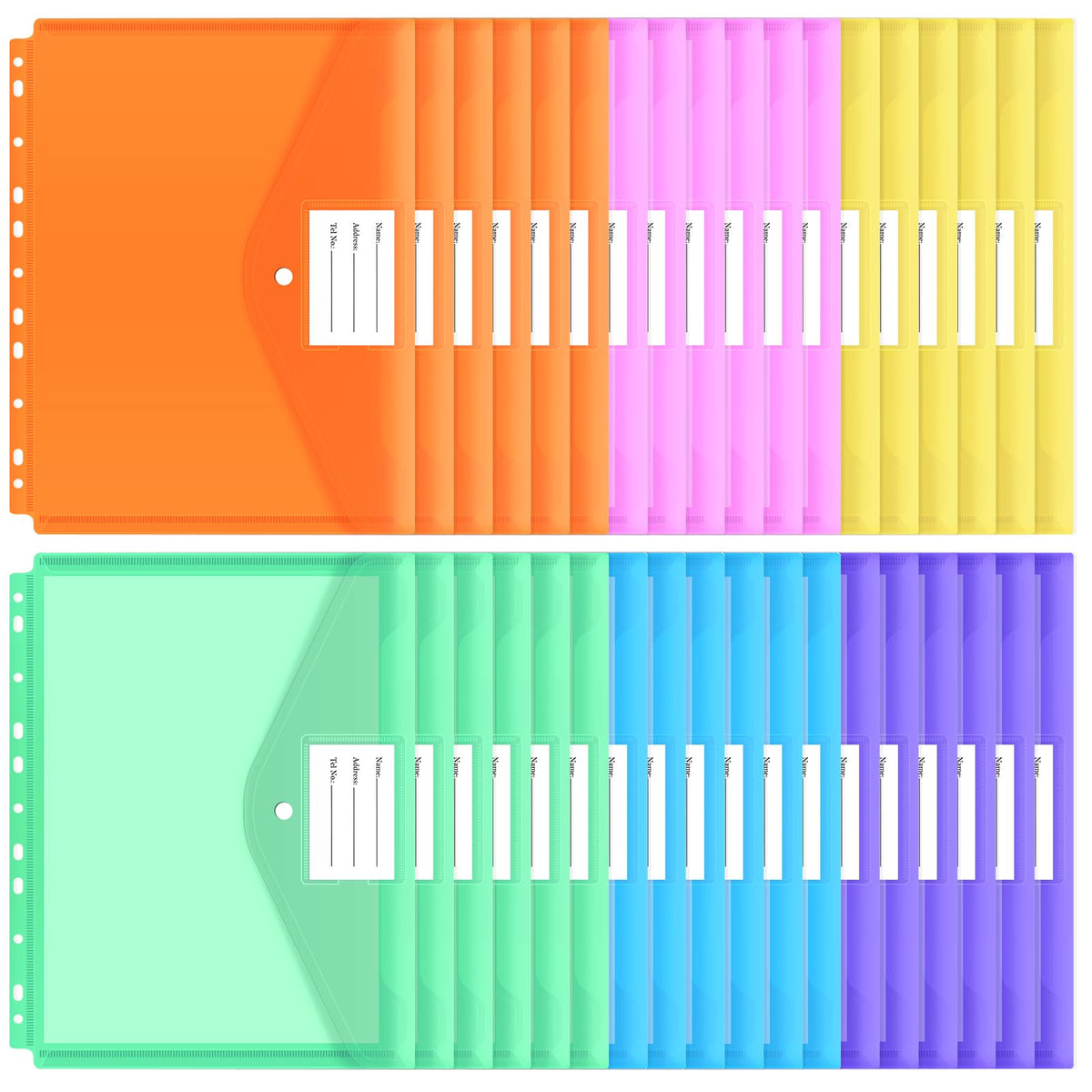 EOOUT 30pcs Binder Sleeves, Binder Pockets for 3 Ring, Binder Folders, 11 Holes, Letter Size, Snap Button Pouch with Label for School, Home and Office