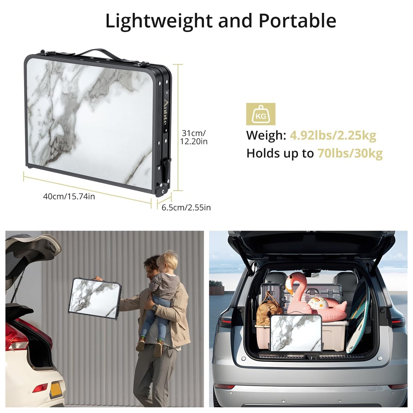 Anbte Folding Camping Table with Storage Net, 3 Adjustable Height Max 27.5" Aluminum Small Folding Table, Portable Table with Carry Handle, Lightweight, for Outdoor Indoor Travel Camping Picnic