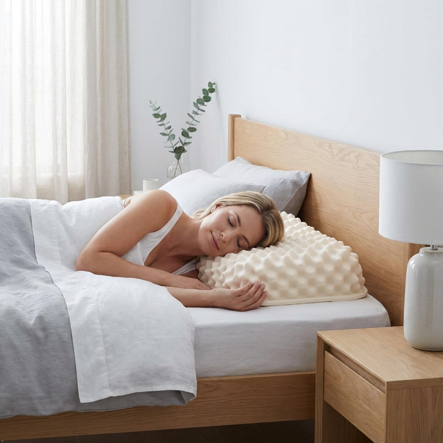 Vinabedding Velisse — Natural Latex Pillow for Stomach Back Side Sleepers, Peanut Shape for All Position Sleeping, Wave-Ridge Surface, Single-Height Adaptive Design, 100% Pure Vietnam Latex
