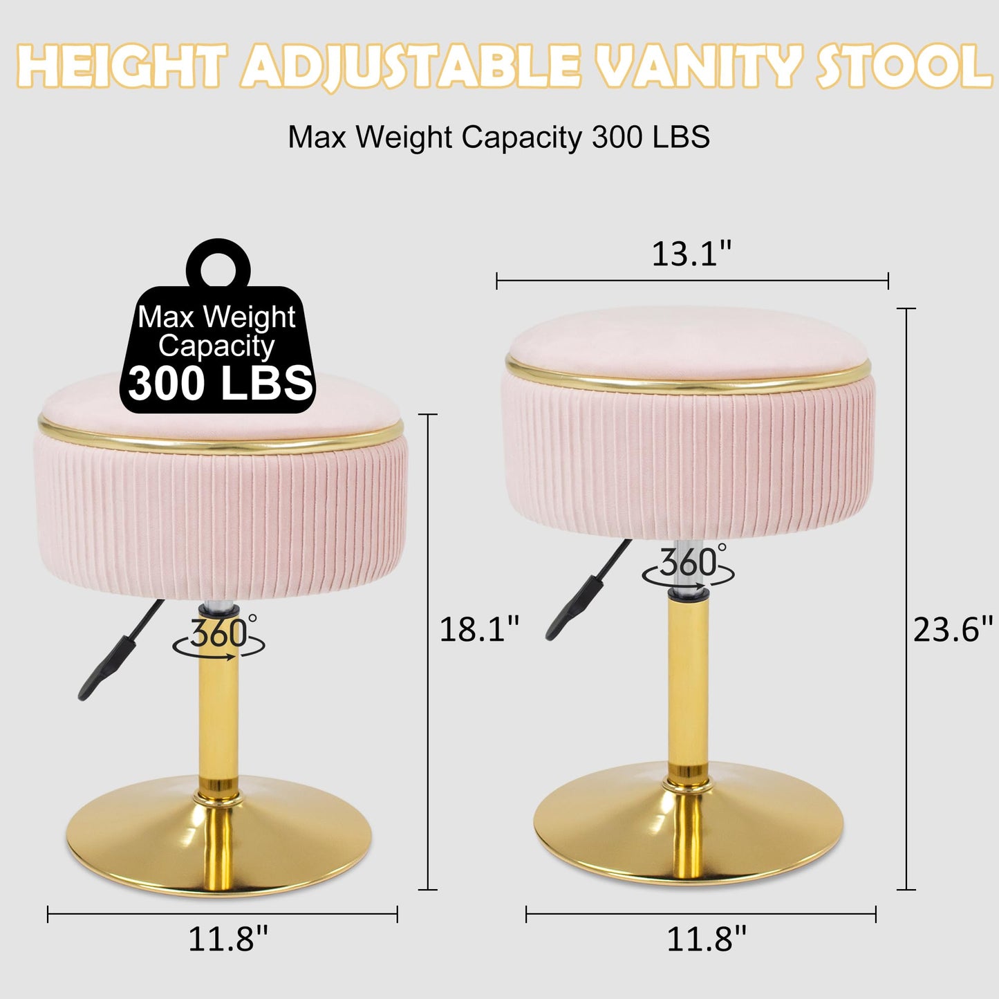 MRITWAII Adjustable Vanity Stool with Storage, 360° Swivel Makeup Stool Chair Small Velvet Round Ottoman with Gold Base for Bedroom, Pink
