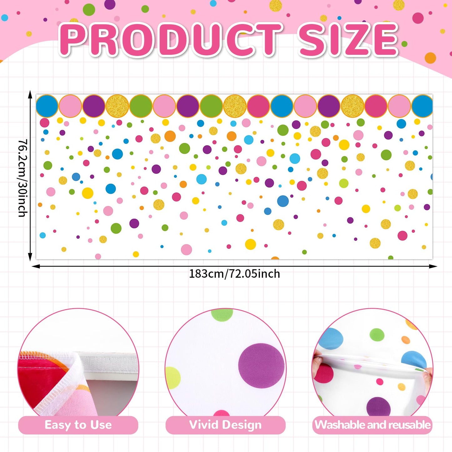 6FT Confetti Polka Dots Table Skirt Teacher Desk Skirt Classroom Table Cover for Back to School Decor Classroom Tables Cloths for First Day of School Supplies Office Bookcase Cabinet Decorations