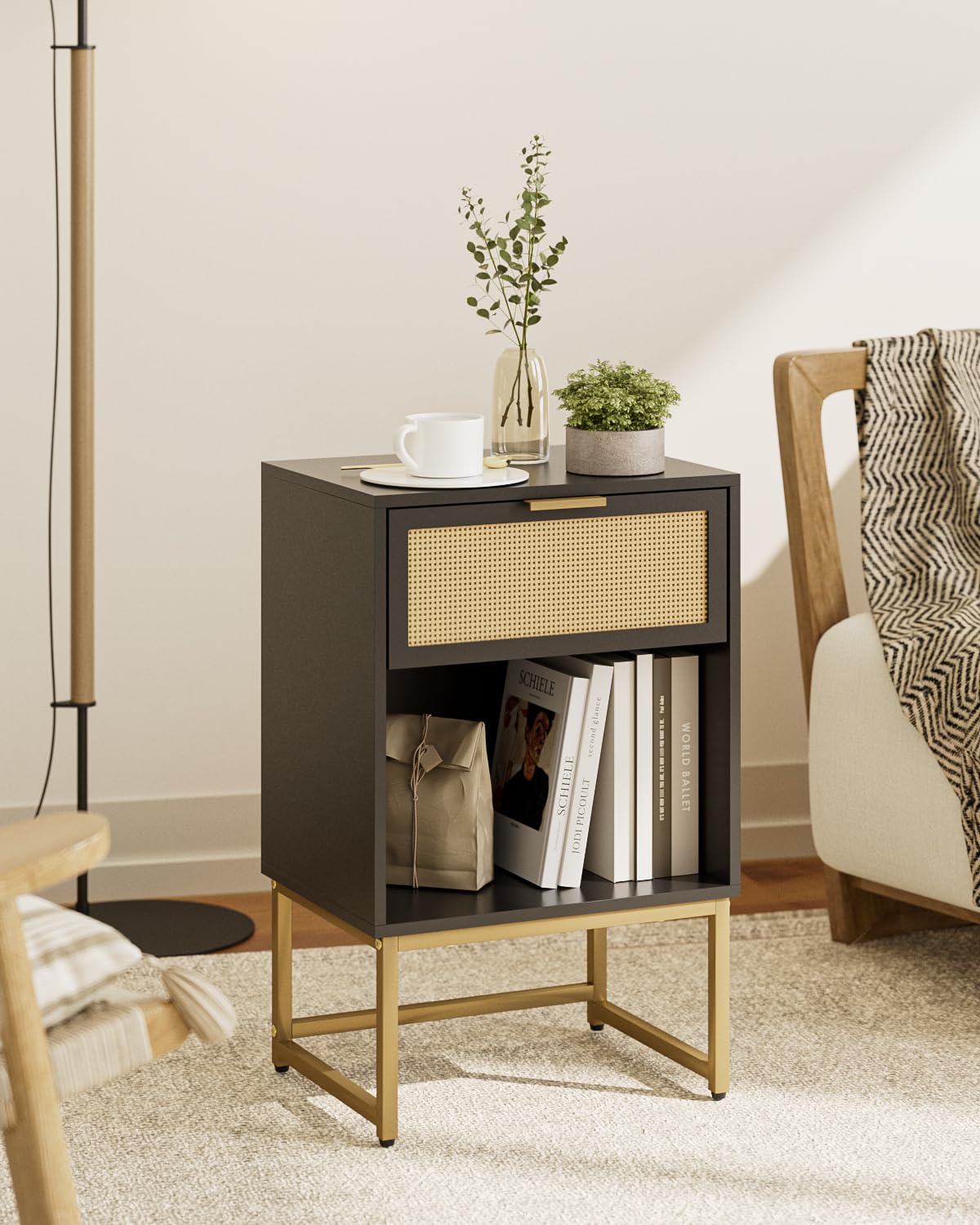 Masupu Rattan Nightstand,Modern Night Stand Boho Farmhouse Wood Bedside Table with Storage Drawer Side End Table for Bedroom, Office,Black