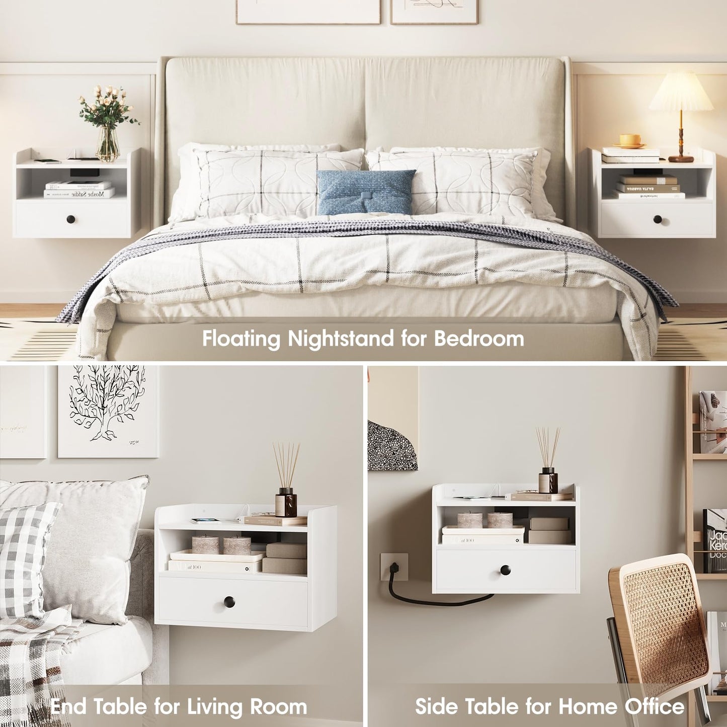 Floating Nightstand Set of 2 Modern Night Stands with Drawer and Open Shelf Cubby Small Bedside End Table with Charging Station Wall Mounted Nightstands Set 2 for Bedroom White