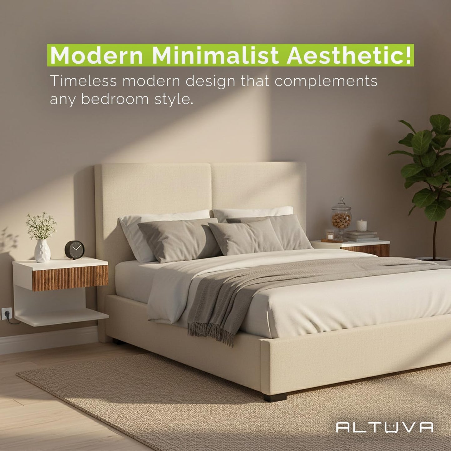 ALTUVA - Floating Nightstand Set of 2 with Charging Station – Modern White Wall Mounted Bedside Tables with Walnut Fluted Drawers – Mid Century Nightstands for Bedroom, Small Spaces, Retro MCM Style