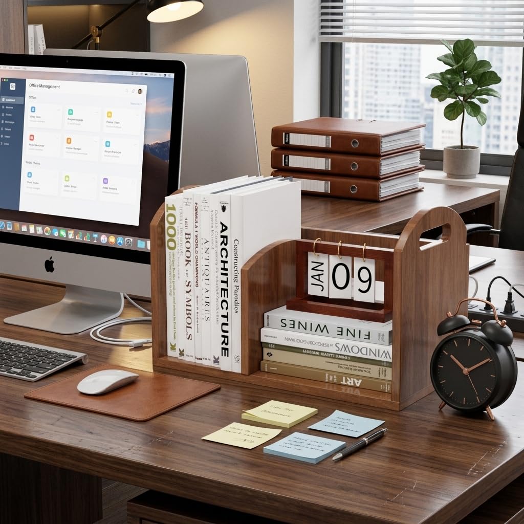 100% Solid Wood Adjustable Desktop Bookshelf, Retro Tabletop Book Shelf File Holder, Vertical Bookshelf Divider Desk Shelf for Home School Office Organization, Perfect for Books Magazine (Brown)