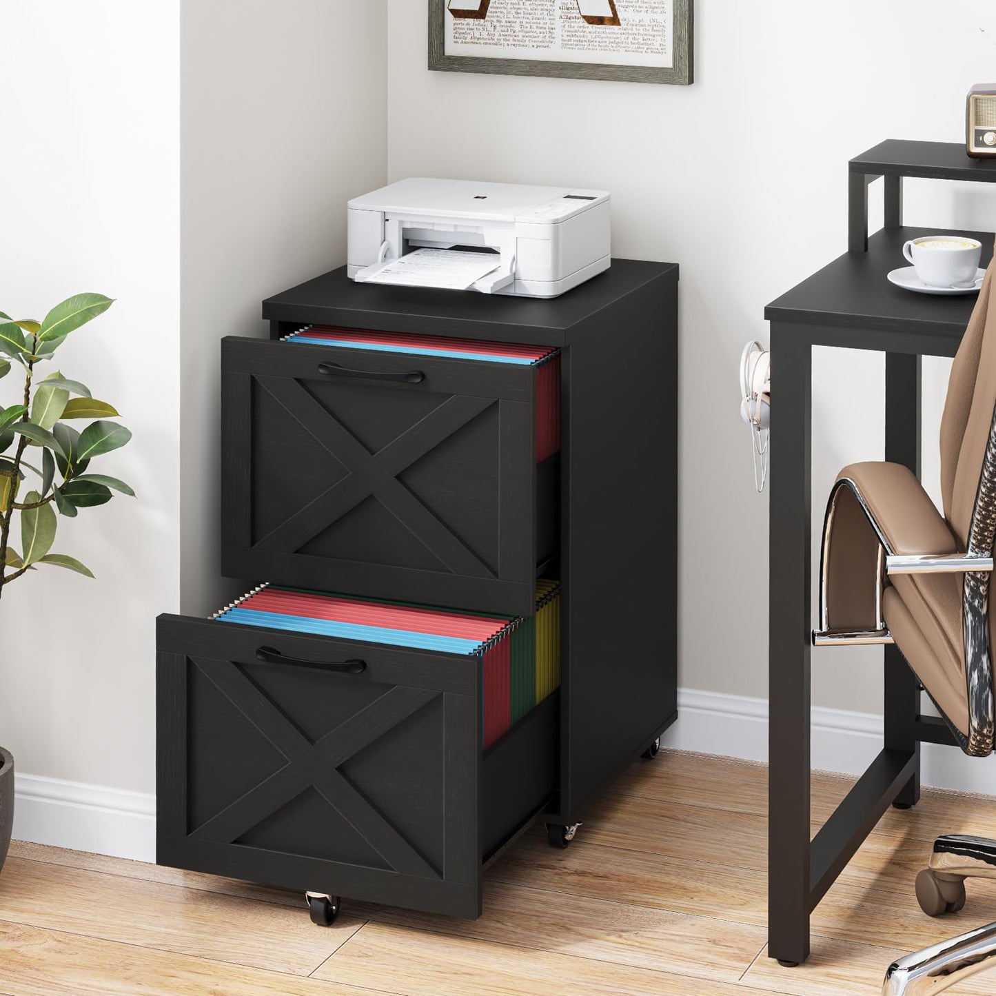 Halitaa 2 Drawer Small File Cabinet with Wheels, Farmhouse Vertical Filing Cabinet Fits A4 or Letter Size, Under Desk Rolling File Cabinets for Home Office, Wooden Printer Stand, Black