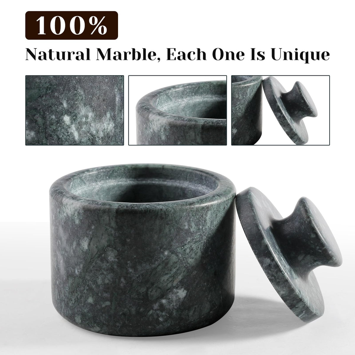 Koville Indian Green Marble Salt Cellar with Lid 3.5", Stone Pepper Container & Spice Jars for Kitchen, Marble Salt and Pepper Holder, Stone Storage Box for Kitchen Counter, Spice Jar