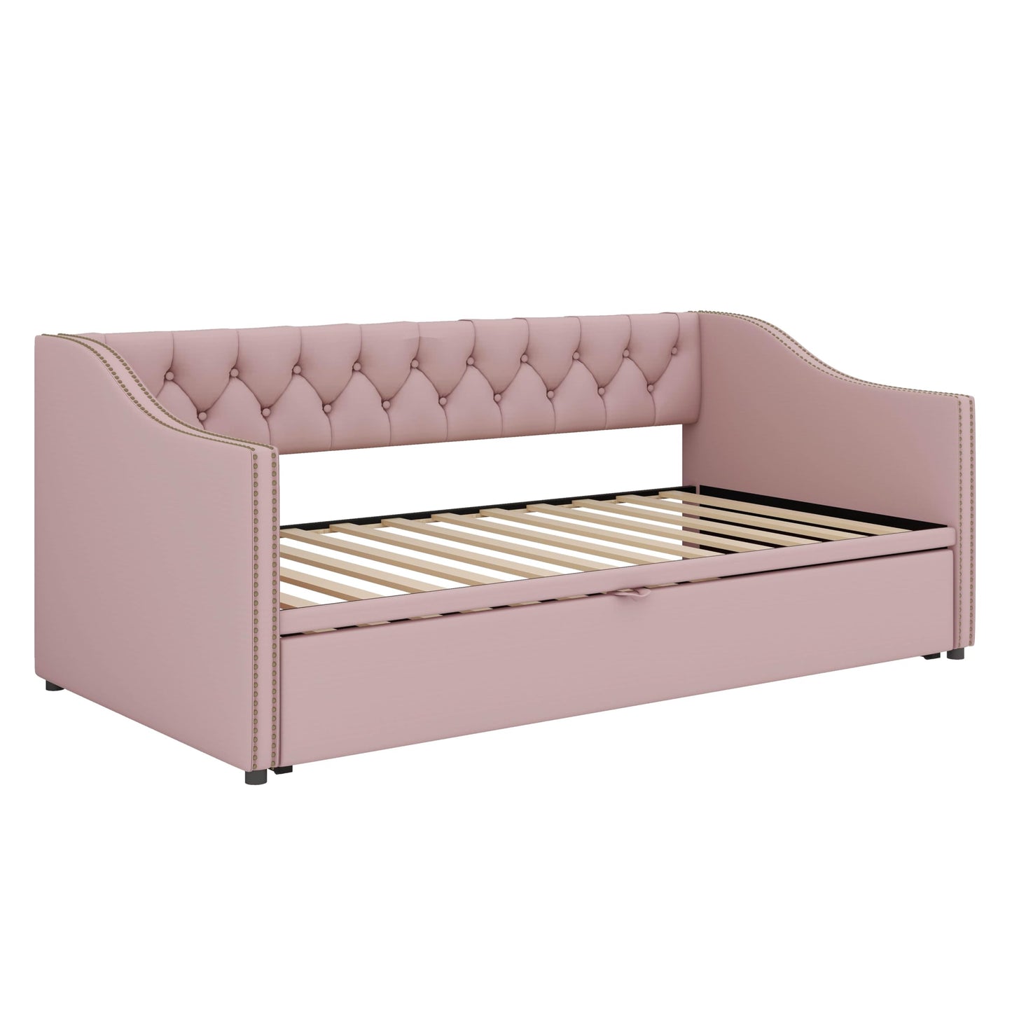 YunNianYang Twin Size Upholstered daybed with Pop Up Trundle (Pink)