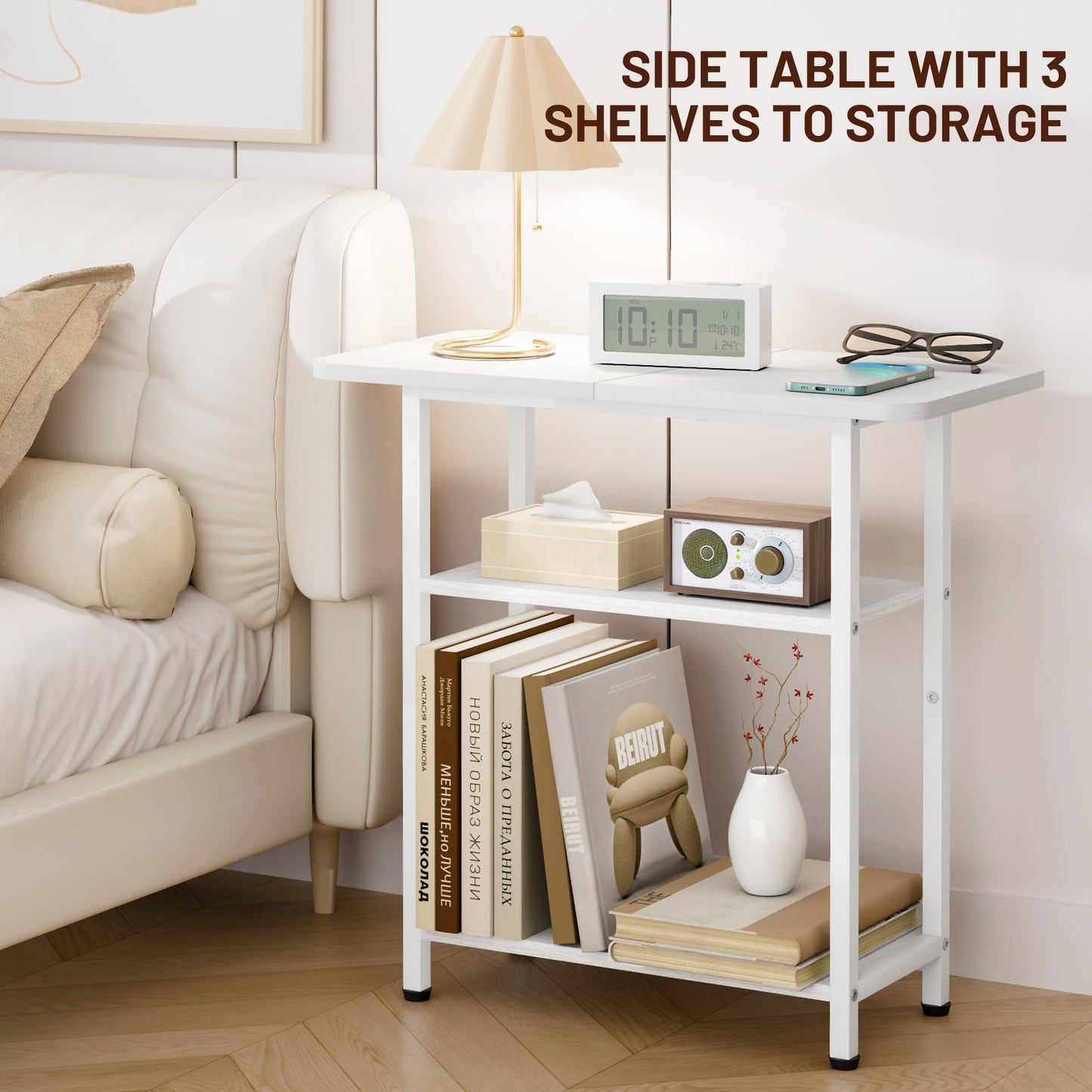 SLEEPING LAMB Side Table for Living Room, 3-Tier End Table for Small Space with Wide Storage Tabletop, Elegant White Narrow Nightstand for Bedroom, Sofa Couch
