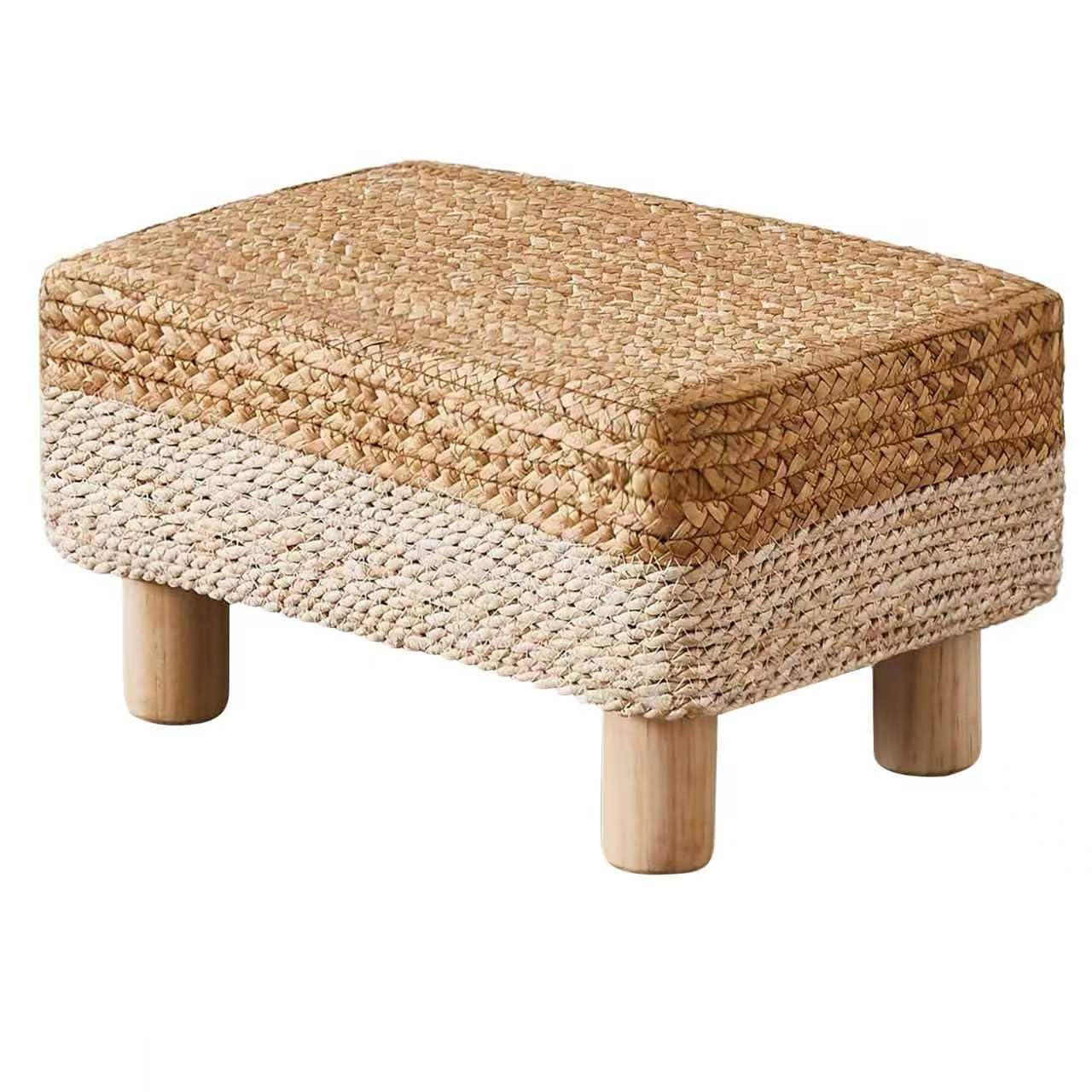 Wimarsbon Natural Seagrass Footstool Ottoman Rectangular Footrest Pouf Ottomans with Wooden Legs Hand Weave Step Stool for Living Room Bedroom Entryway White