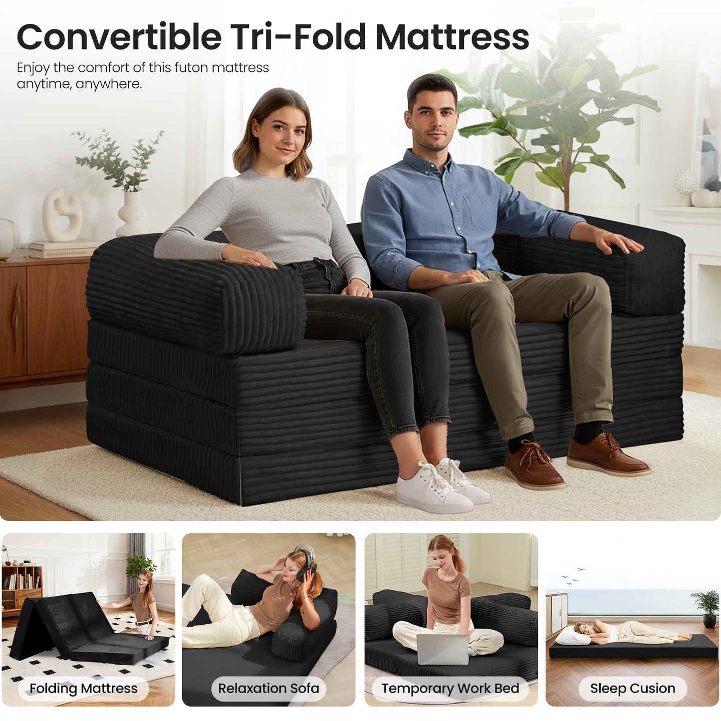 AOLVDOW Tri-Fold Foldable Mattress, Convertible Folding Sofa Bed with Removable Arms & Washable Cover, All-in-One Portable Mattress Floor Sofa Bed, No Assembly Required & Non-Slip, Full Size, Black