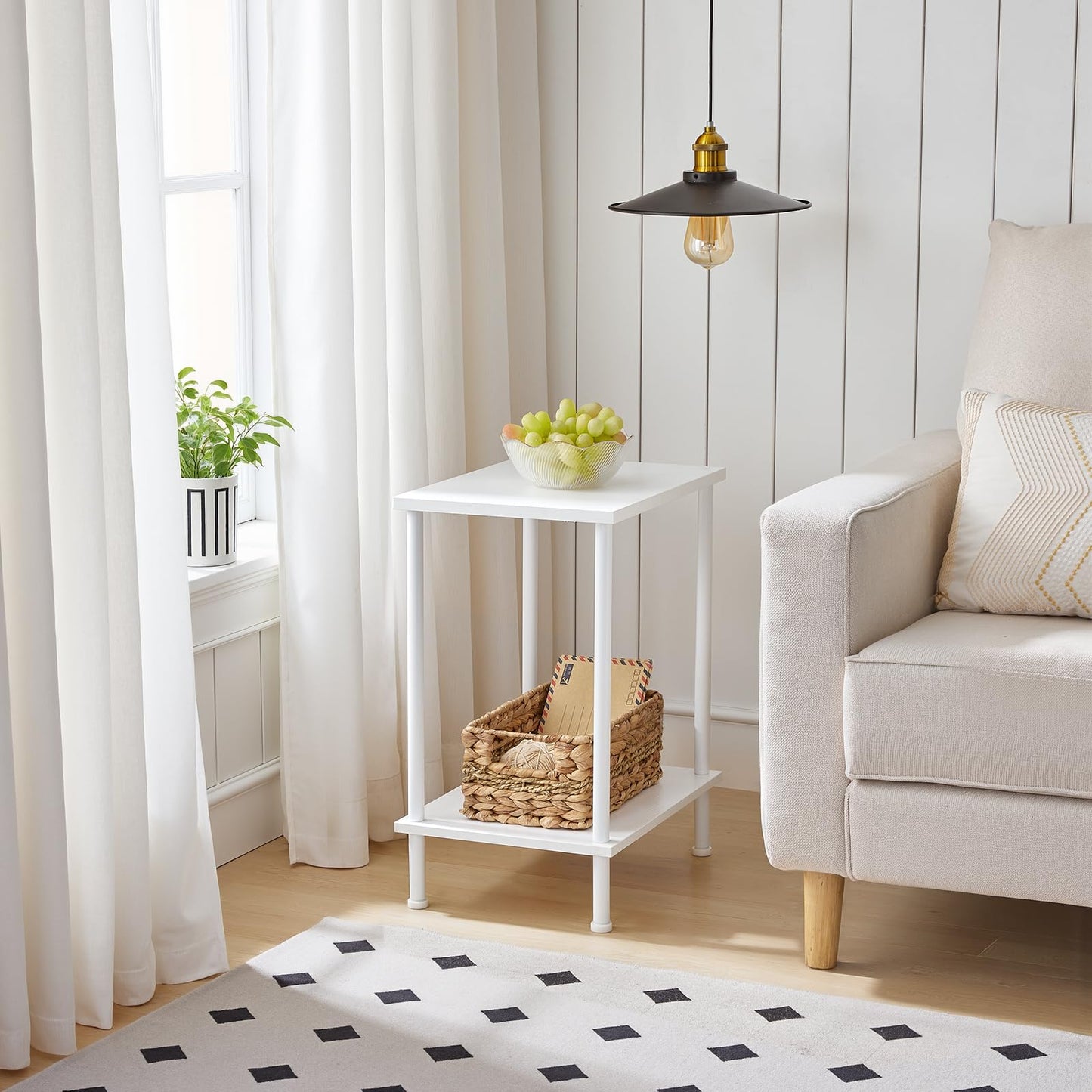 HOOBRO End Table, Small Side Table, Nightstand with 2-Layer Storage Shelves, Sofa Table for Small Spaces, Living Room, Bedroom, Stable Frame, Easy Assembly, White WW09BZ01