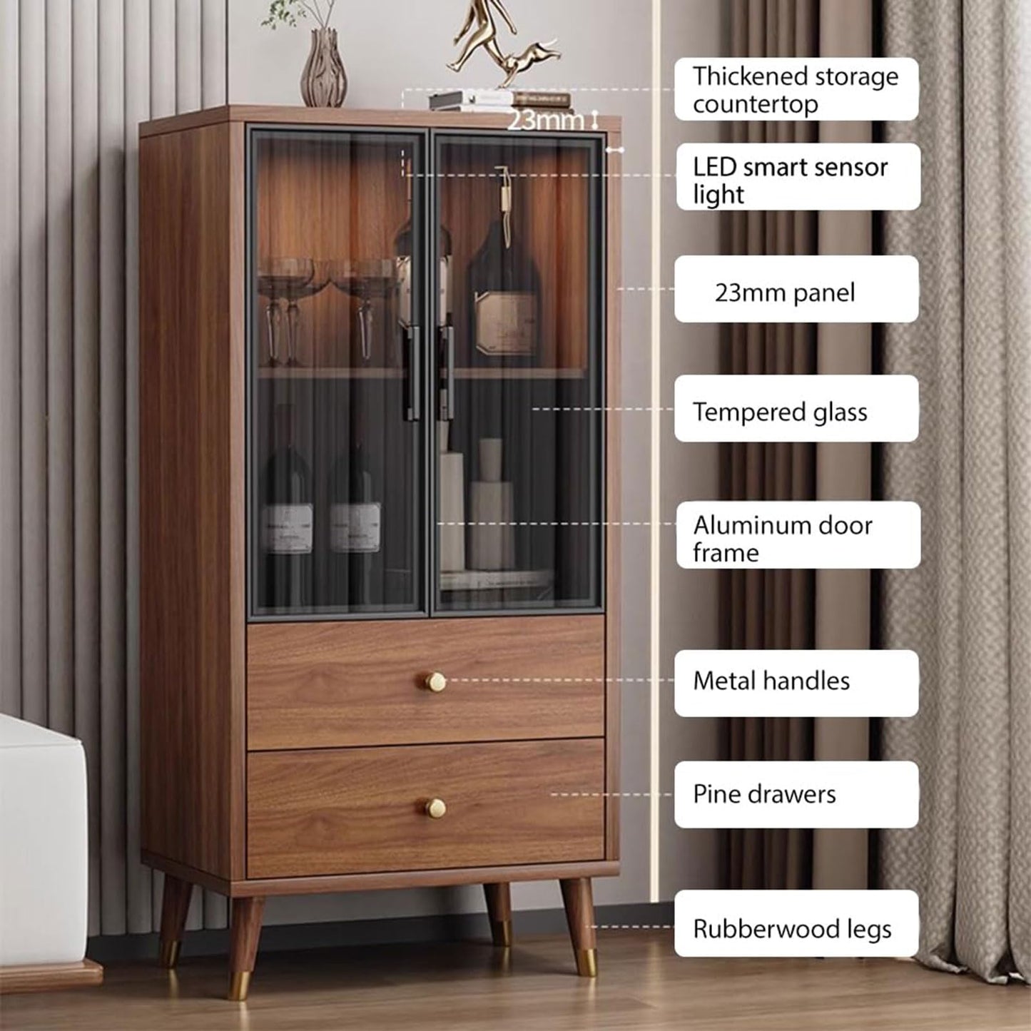Freestanding Wine Bar Cabinet, Bamboo & Glass Display Cabinet, 3/4/5-Tier Modern, Clear View, Transparent Cabinet Door Design, for Office Living Room Bedroom Furniture