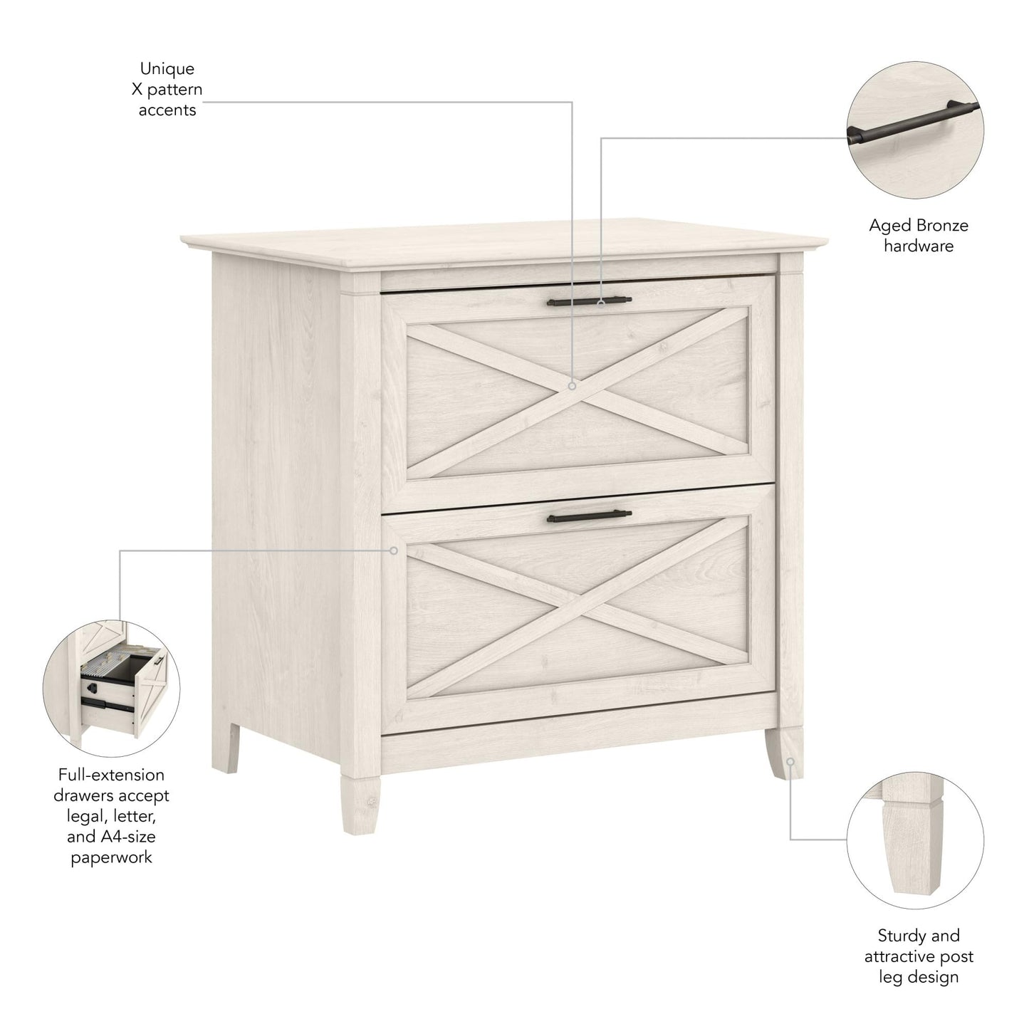 Bush Home Key West 2 Drawer Lateral File Cabinet in Linen White Oak, Document Storage for Home Office, Accent Chest with Drawers
