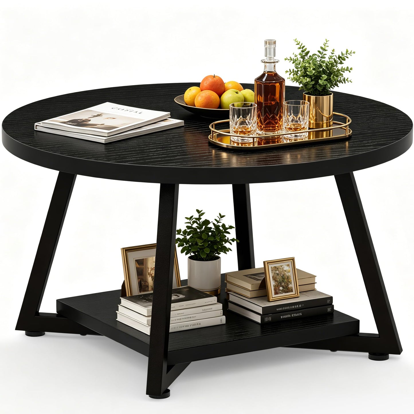 Round Coffee Table for Living Room, 27.6“ Circle Coffee Table, 2-Tier Industrial Coffee Tables with Storage, Wood Coffee Table, Modern Accent Table for Apartment, Office, Small Space, Black