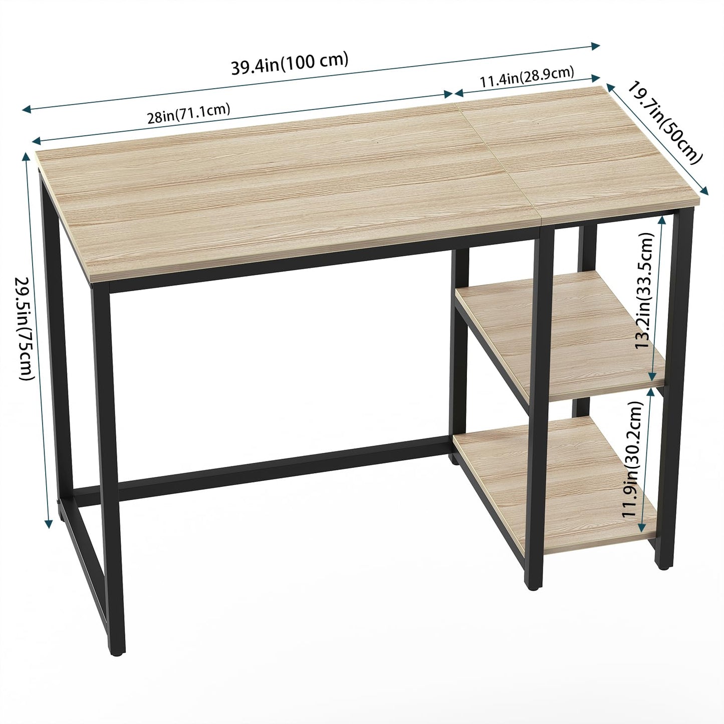 SINPAID 40'' Oak Computer Desk with Shelves, Sturdy Light Wood Desks with Storage Space, Modern Gaming Desk Study Writing Laptop Table, Beige