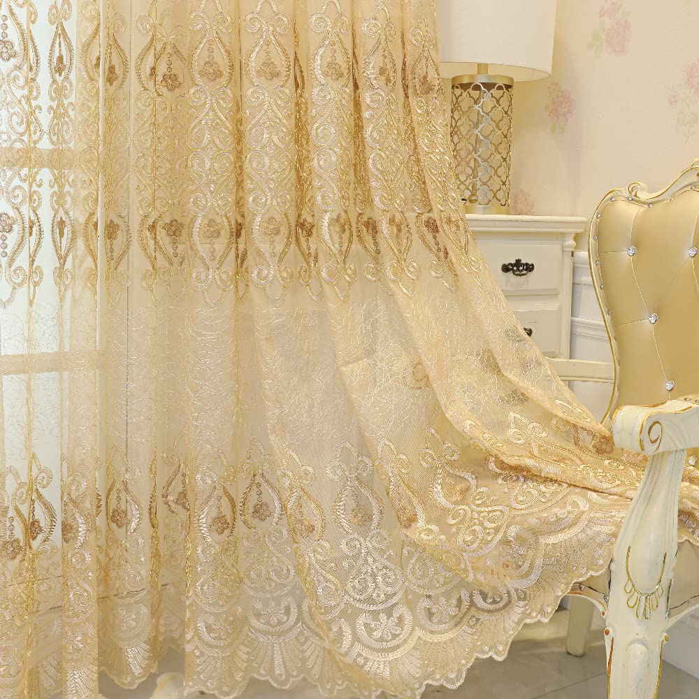 Amidoudou 1 Pair European Jacquard Sheer Curtains Embroidered Tulle Curtains Living Room Bedroom Luxury Translucent Curtains (Gold,37x84 Inch)