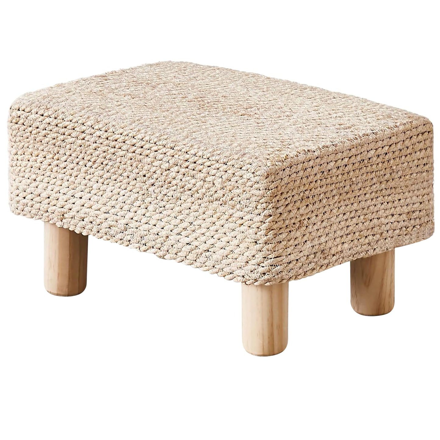 Wimarsbon Natural Seagrass Footstool Ottoman Rectangular Footrest Pouf Ottomans with Wooden Legs Hand Weave Step Stool for Living Room Bedroom Entryway Natural White