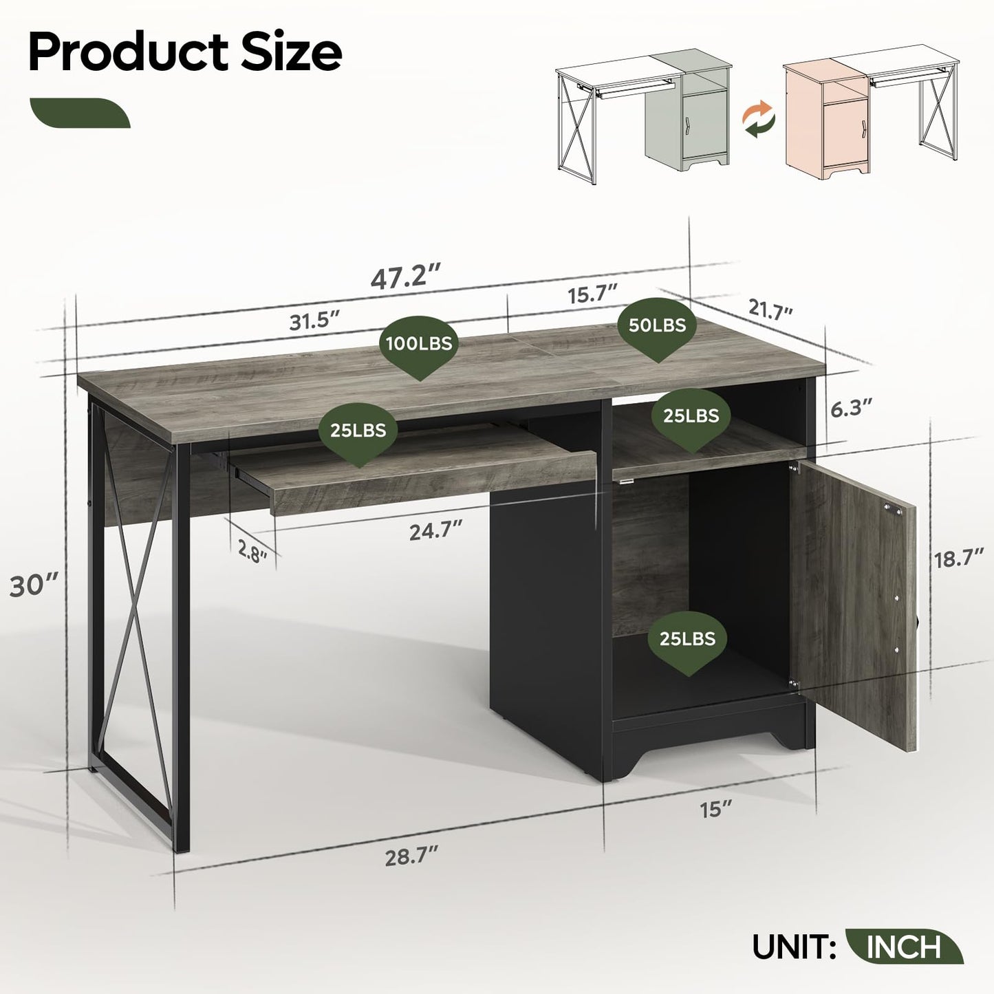 Bestier Office Desk with Keyboard Tray, Industrial Computer Desk with Storage, Reversible Executive Desk with File Cabinet for Home Office Bedroom, 47 inch Grey