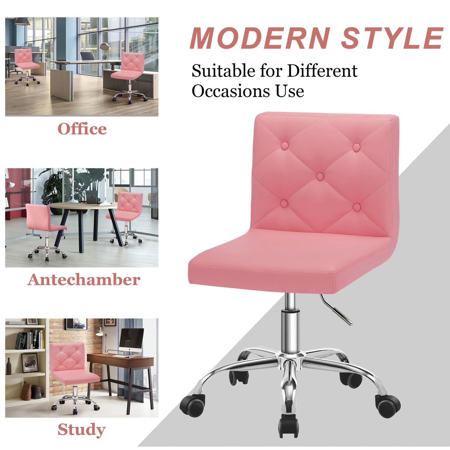 VECELO PU Leather Mid-Back Armless Vanity Chair Adjustable Height 360° Rolling Swivel for Home Office Work