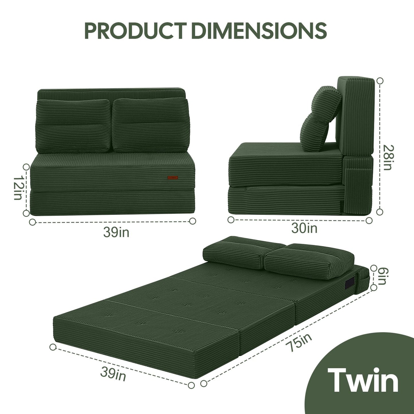 COMAX Folding Sofa Bed, Foldable Couch for Bedroom, Convertible Floor Sleeper Futon Chair Foam, Corduroy 3 in 1 Fold Out Chair Portable Comfy Lounge Couch Sofa Bed for Small Space, Twin, Green