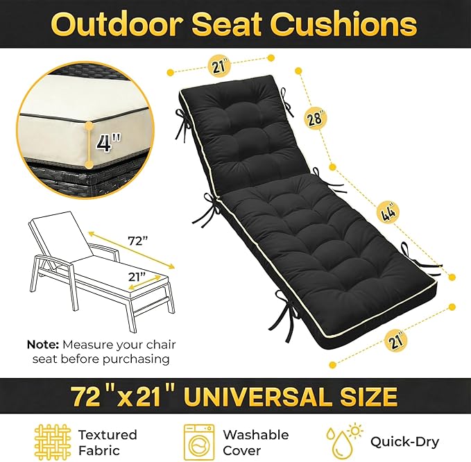 72x21 Inch Folding Chaise Lounge Cushion Quick Dry