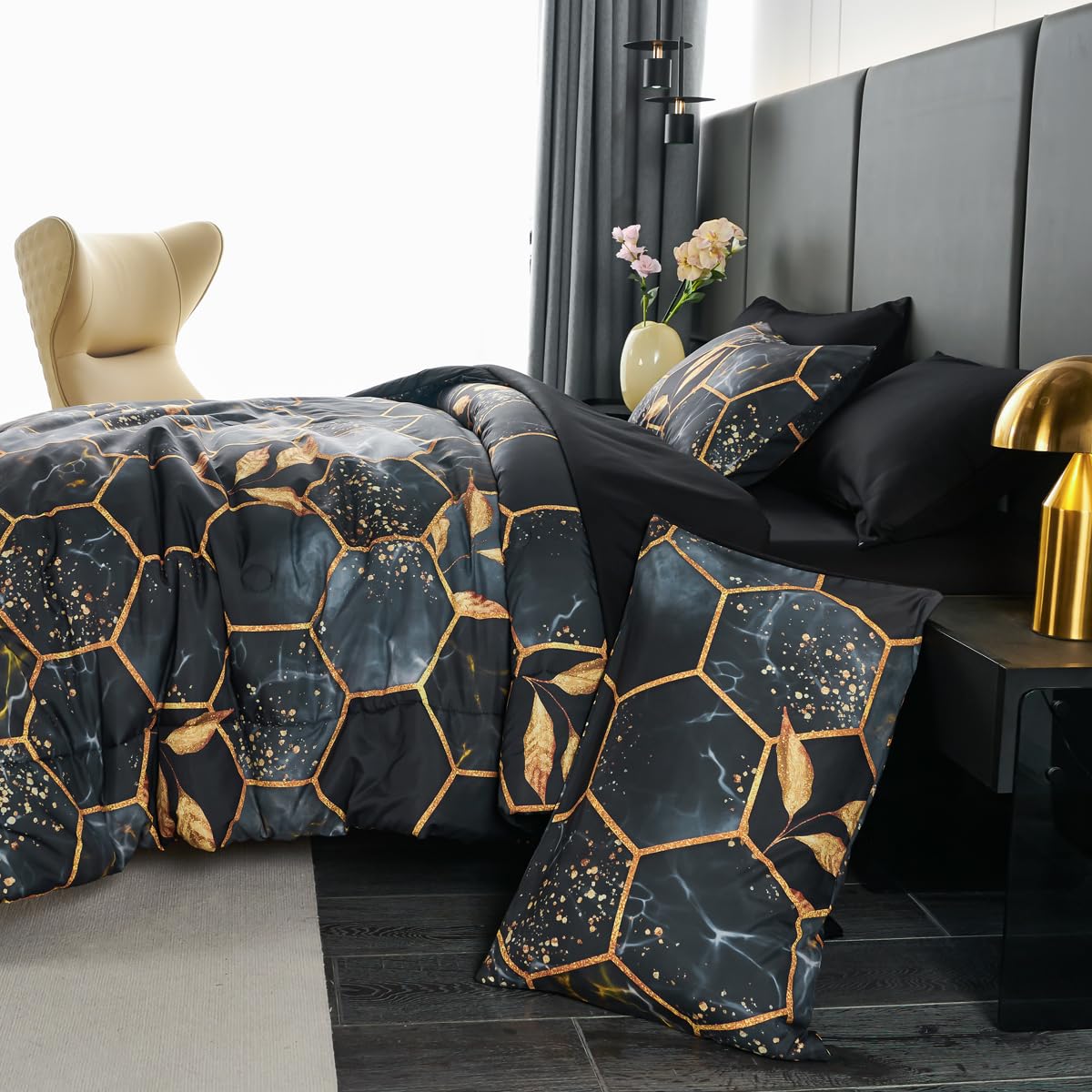 ZRNBAST Honeycomb King Size Comforter Set Black 7 Pieces Geometric Marble Black Gold Bed in A Bag King Hexagon Gold Trim Print Water Ripple Pattern Bedding Set for All Season (Black, King)