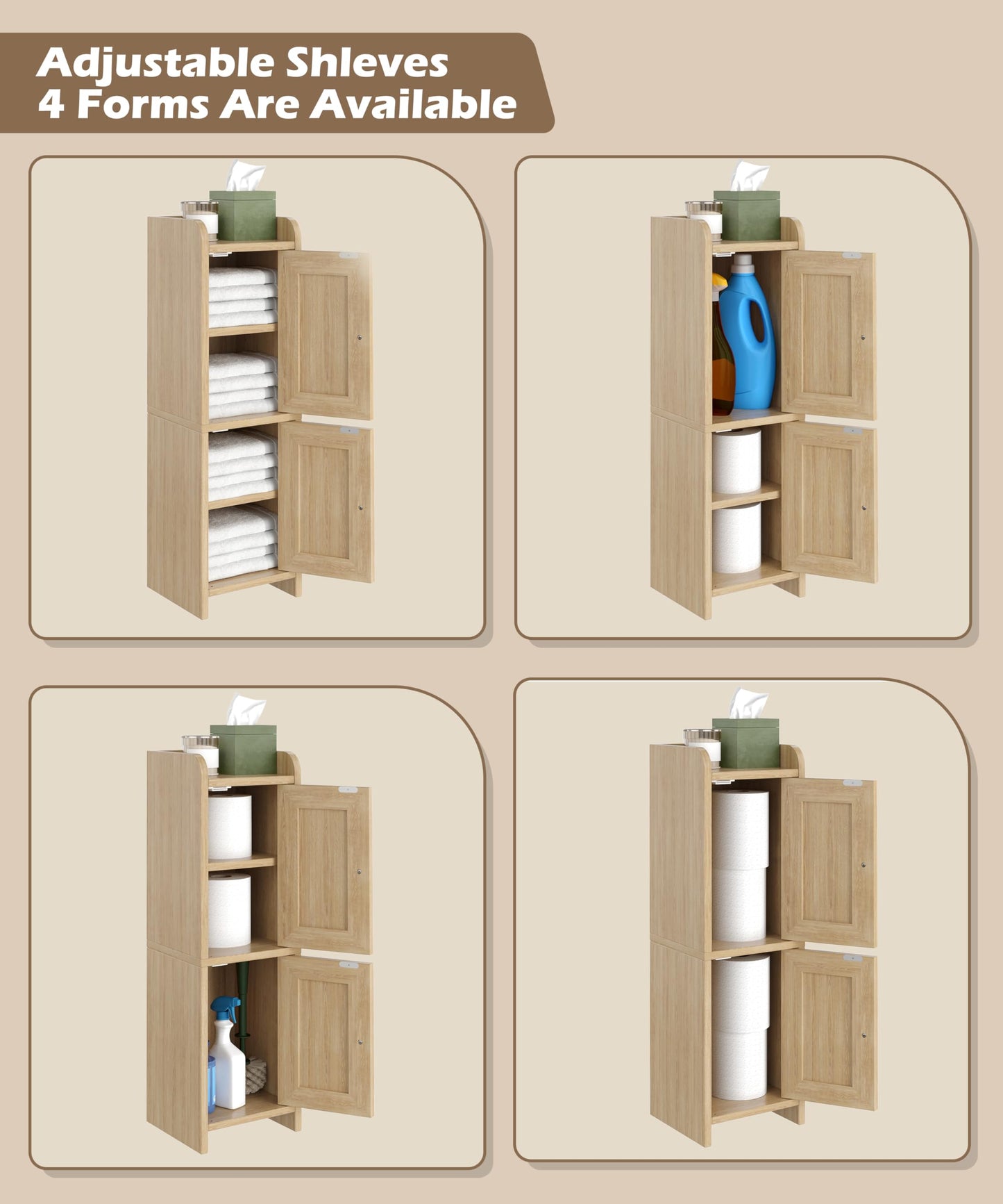Akxomel Rattan Small Bathroom Cabinet with 2 Doors, 7.9''D x 7.9''W Narrow Toilet Paper Storage Cabinet, Bathroom Organizer for Small Spaces, Wooden Slim Corner Unit with Adjustable Shelf, Natural Oak