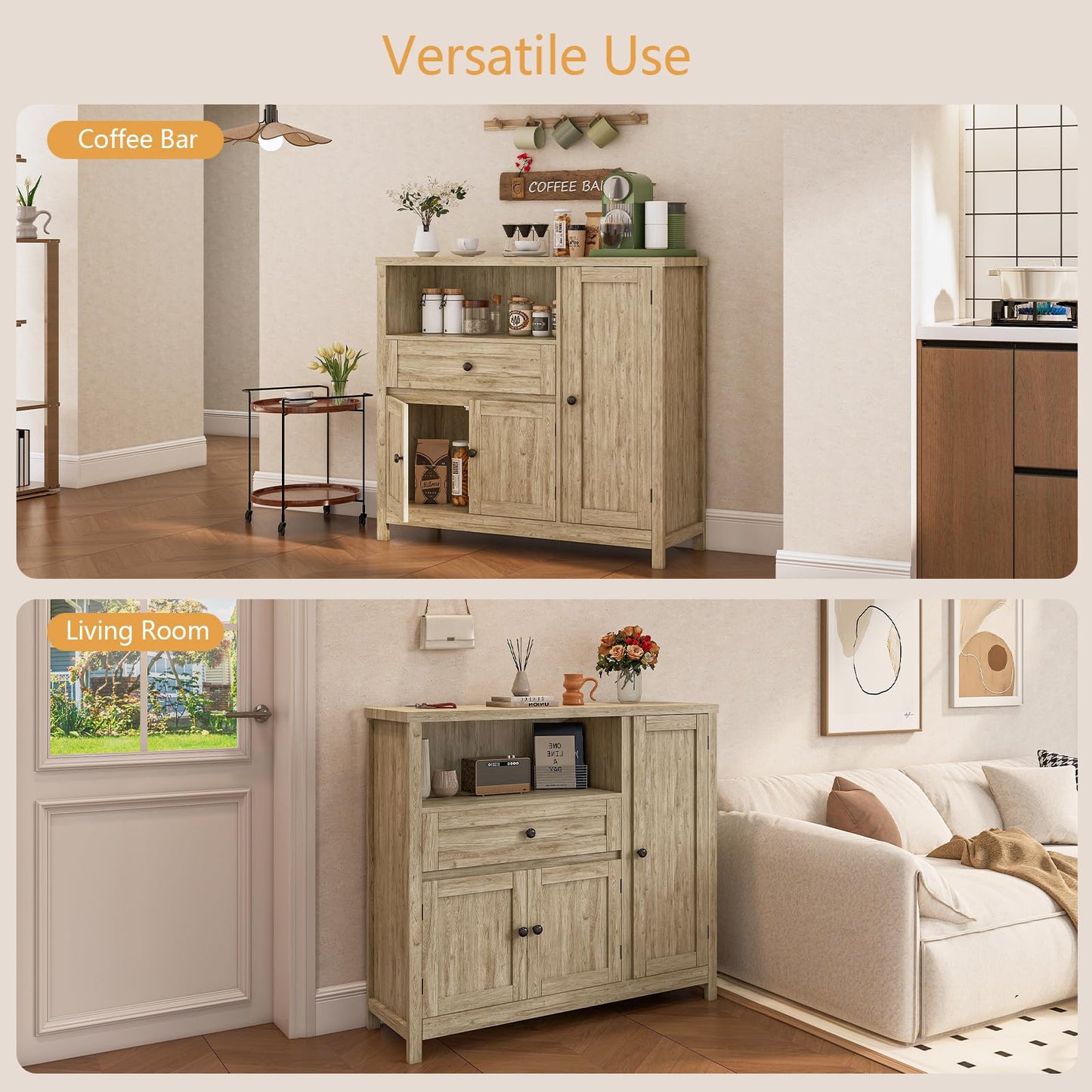 Viaozutis Coffee Bar Cabinet with Doors and Drawer, 35.4" Kitchen Storage Cabinet with Adjustable Shelf, Freestanding Buffet Sideboard for Dining Room, Bathroom, Entryway（Grey）