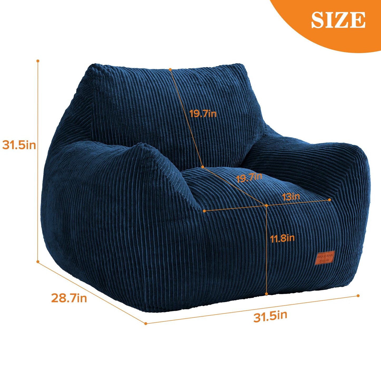 Vellorise Big Bean Bag Chair for Adults, Ultra Soft Living Room Bean Bag with Armrests, Stuffed BeanBag Chair for Napping, Gaming, Vacuum-Compressed for Easy Gifting, 48 Hours to Fluffs Up, Navy Blue