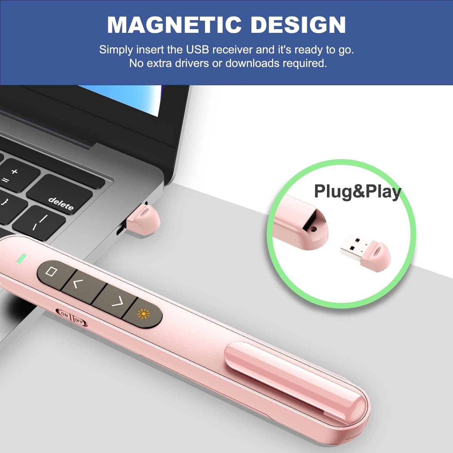 QUI 2 Pack Presentation Clicker, Hyperlink Volume Control Wireless Presenter, RF 2.4GHz USB Presentation Remote Control,PowerPoint Clicker Slide Advancer for Computer, Laptop, Mac (USB, Pink)