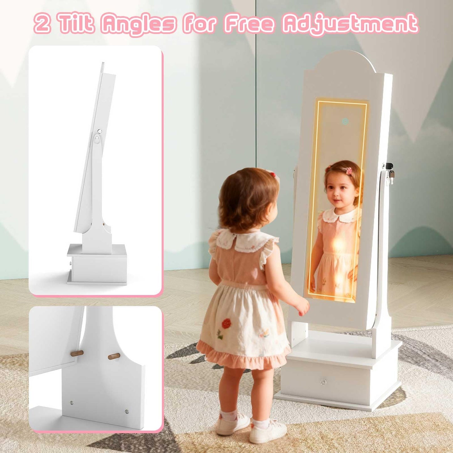 INFANS Kids Jewelry Armoire Cabinet with LED Lights, Lockable Standing Organizer with Full-length Mirror, Unicorn Theme Children Vanity Dress Up Storage Rack for Girls