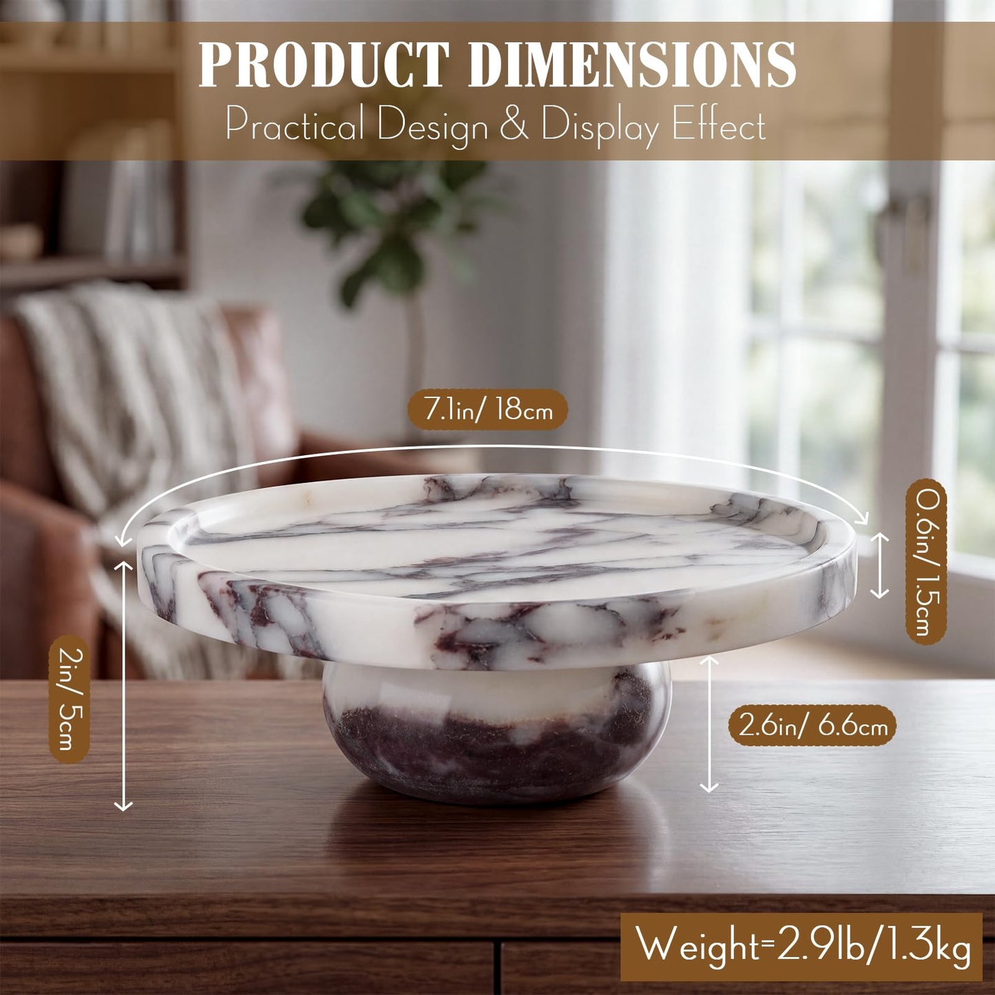 Ferrochef Natural Round Marble Tray with Legs, 7" Calacatta Viola Solid Marble Pedestal Tray Decorative for Bathroom Vanity, Kitchen Counter, Jewelry, Perfume and Candle Display