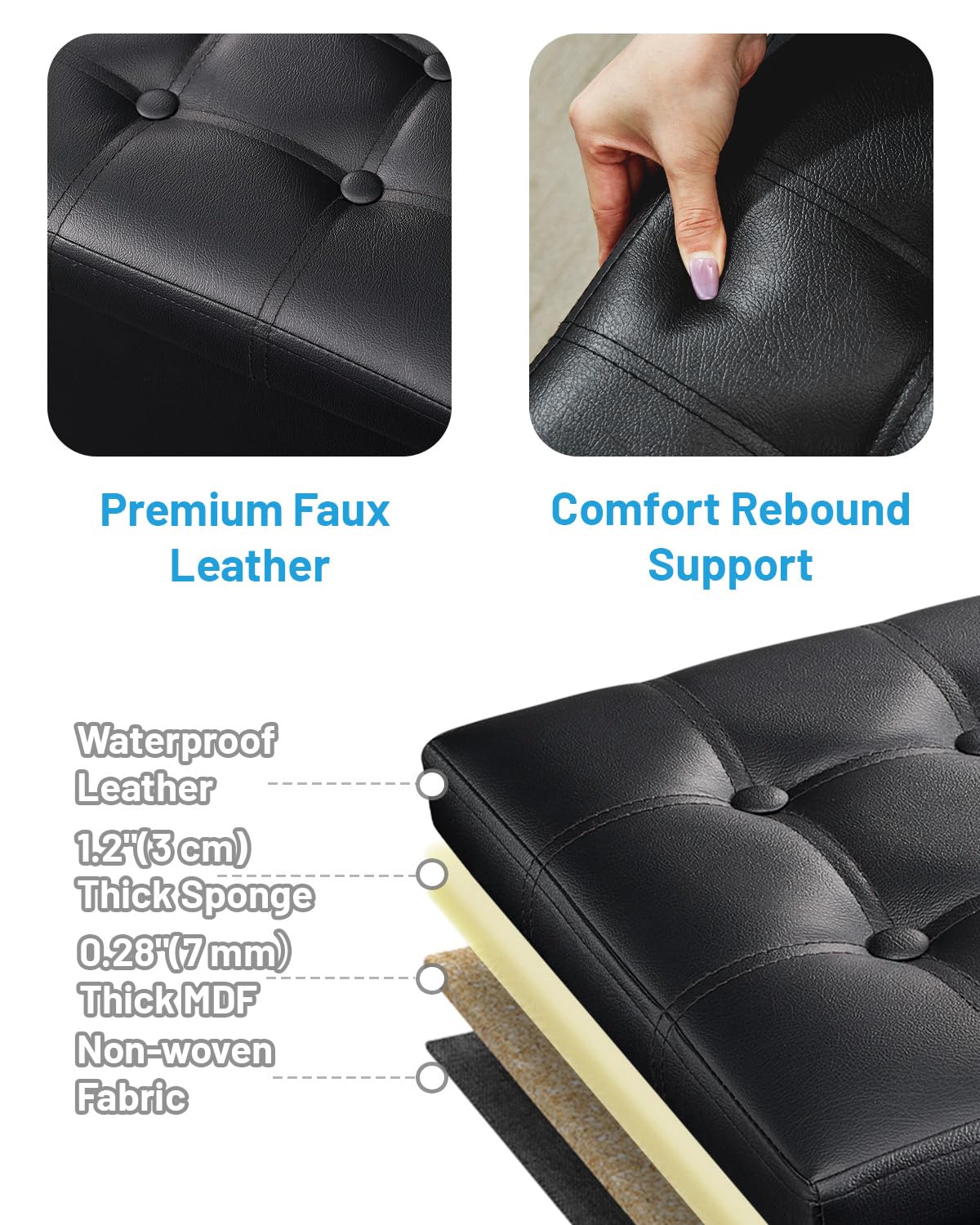 AmasSmile 2PC Storage Ottoman Folding Foot Rest Stool with Side Pocket, 16 inch Leather Footstool Bench, Short Ottoman Bench, Storage Foot Rest Store, Books, Black