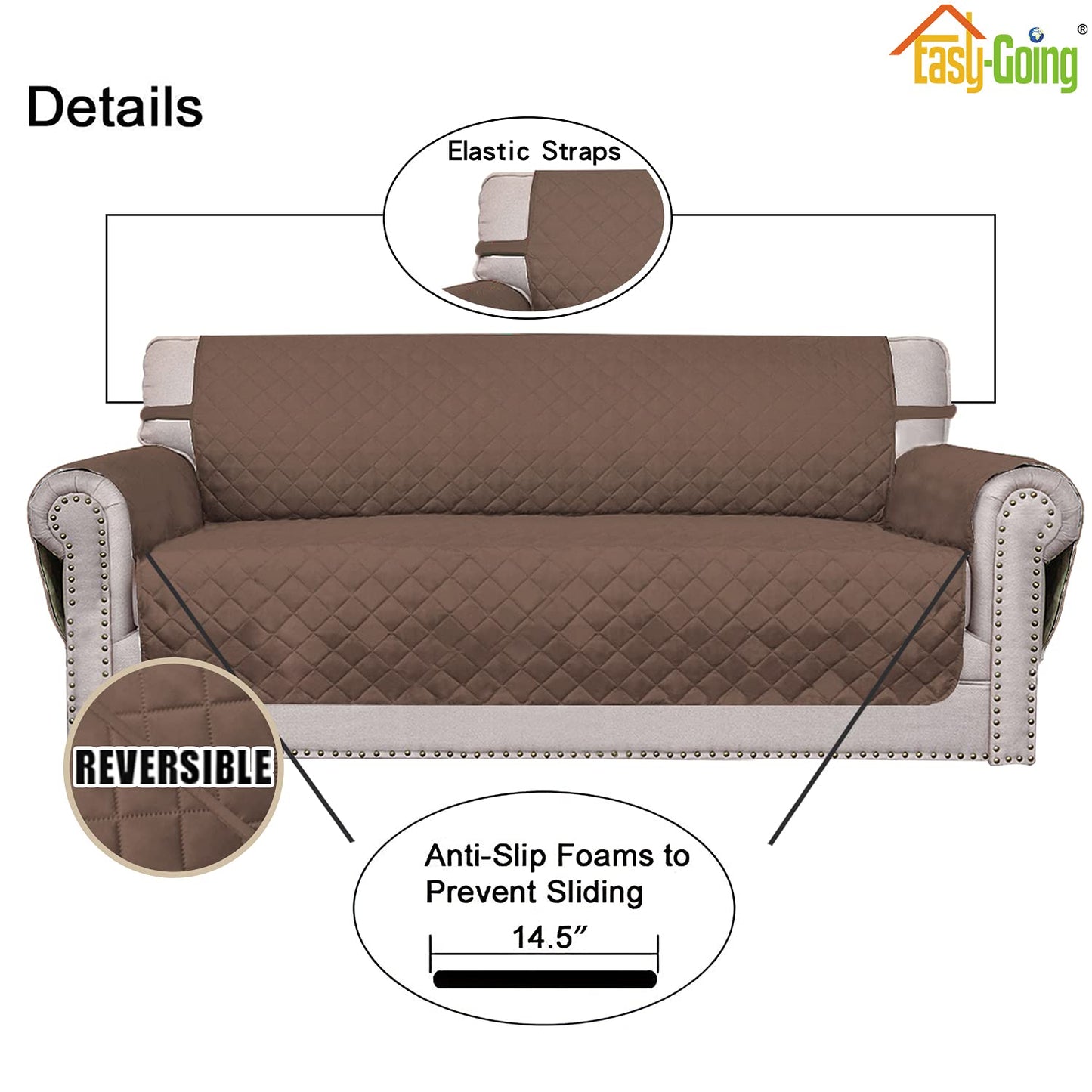 Easy-Going Reversible Couch Cover for 3 Cushion Couch Sofa Cover for Dogs Water Resistant Furniture Protector Cover with Foam Sticks Elastic Straps for Pet Cat (Sofa, Brown/Brown)