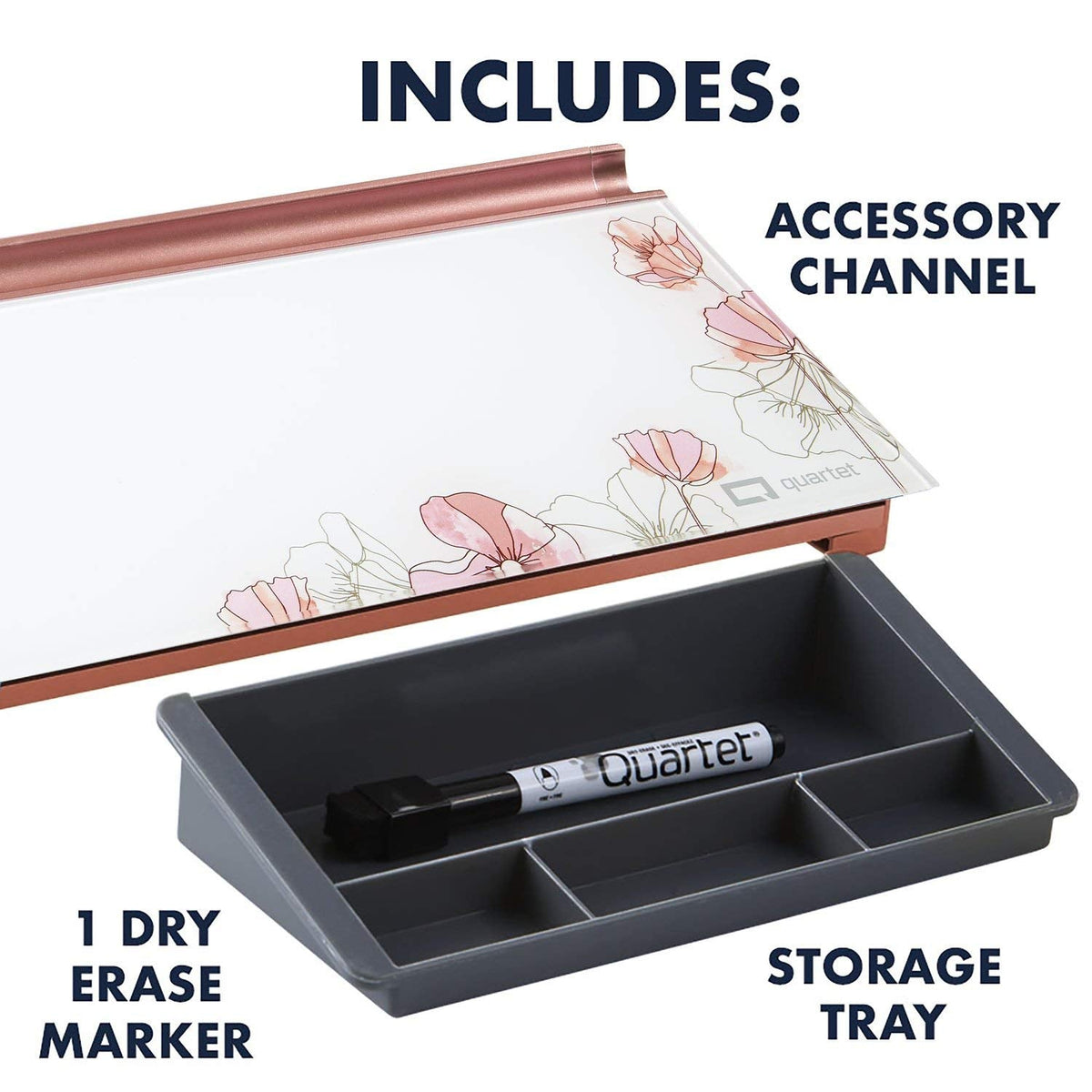 Quartet Glass Dry Erase White Board 18"W x 6"H, Compact Desktop Whiteboard with Storage Drawer, Floral (GDP186P)